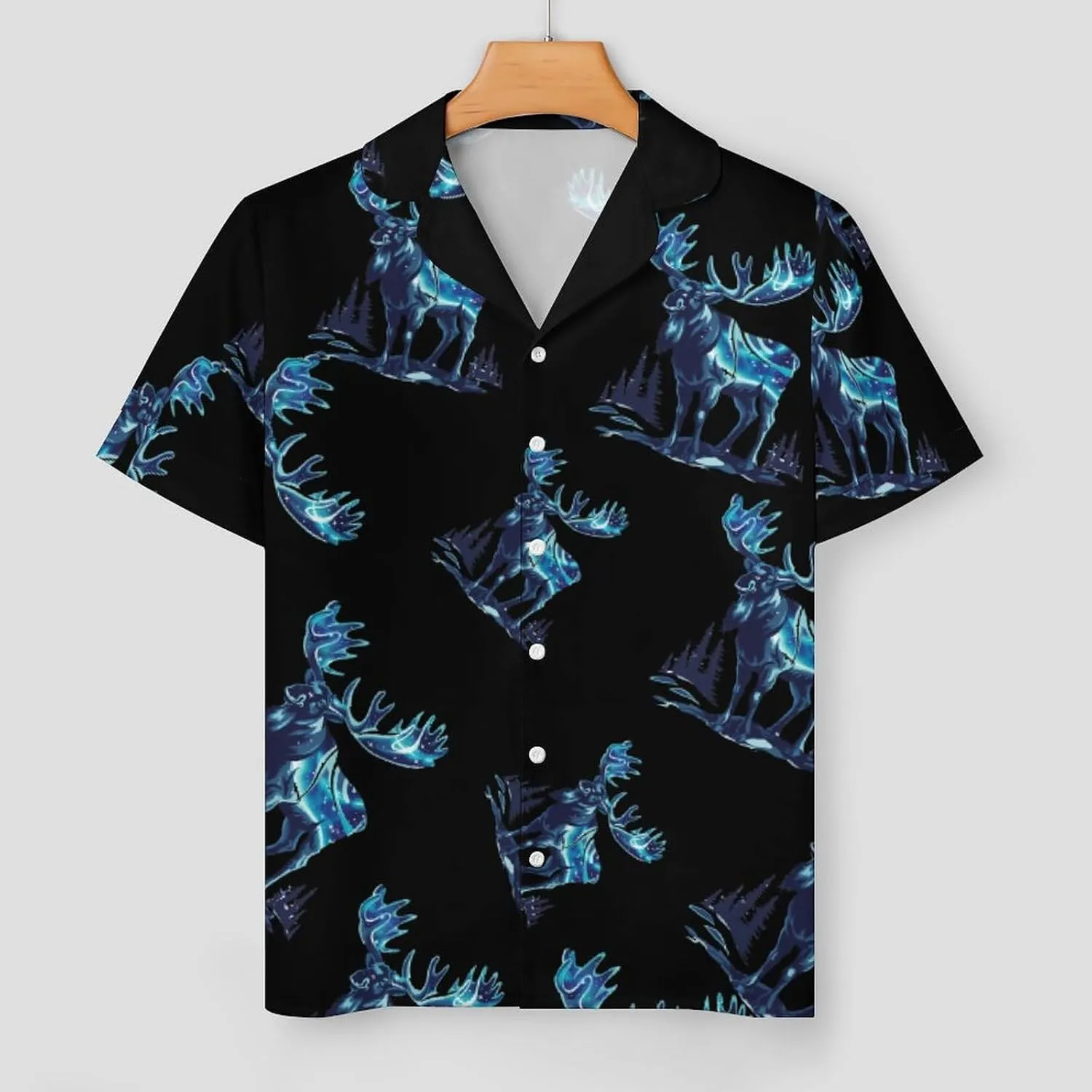 Alaskan Moose with Aurora Borealis Snowy Scene Women's Satin Pajama Set Short Sleeve Button Down Sleepwear Loungewear Pj Set