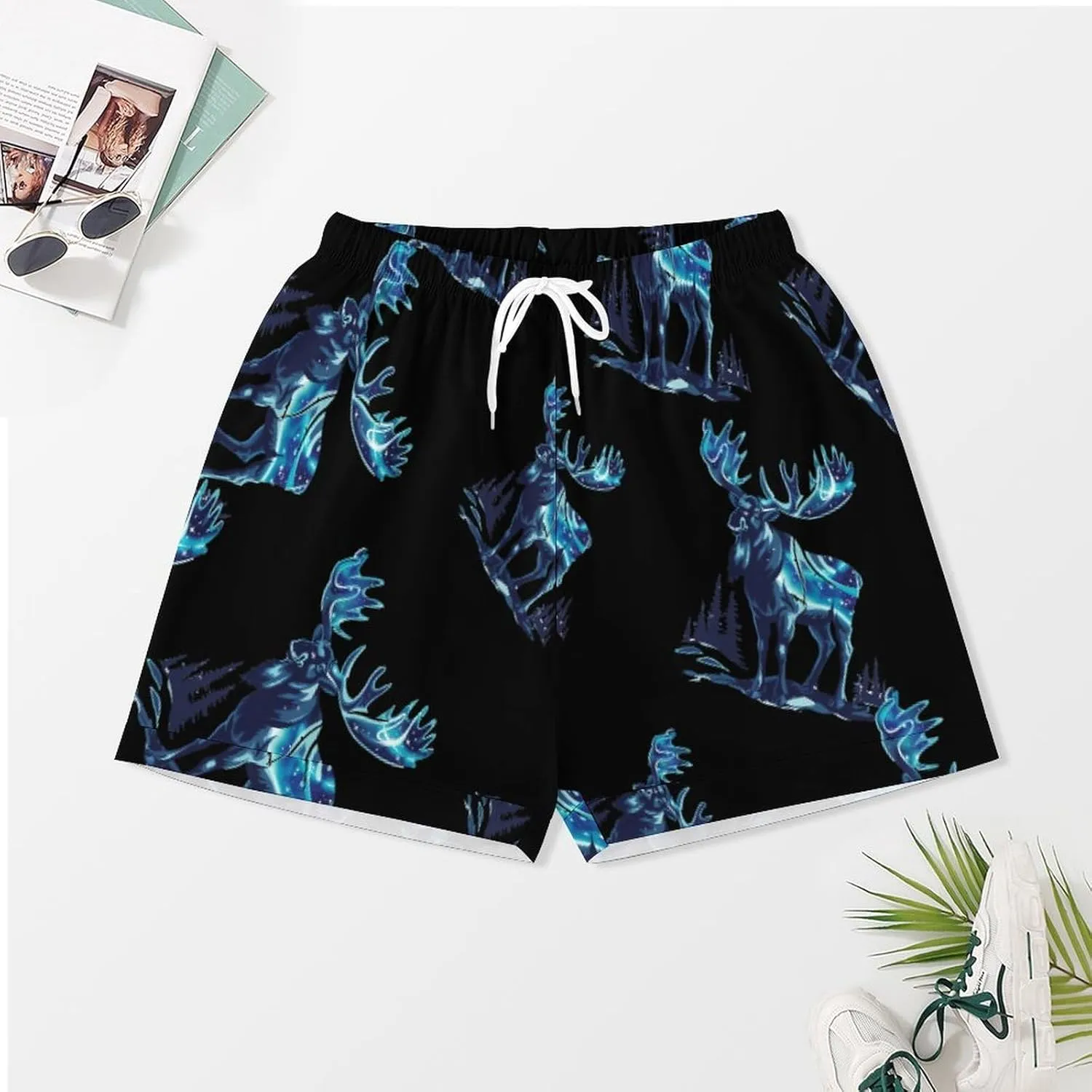 Alaskan Moose with Aurora Borealis Snowy Scene Women's Satin Pajama Set Short Sleeve Button Down Sleepwear Loungewear Pj Set