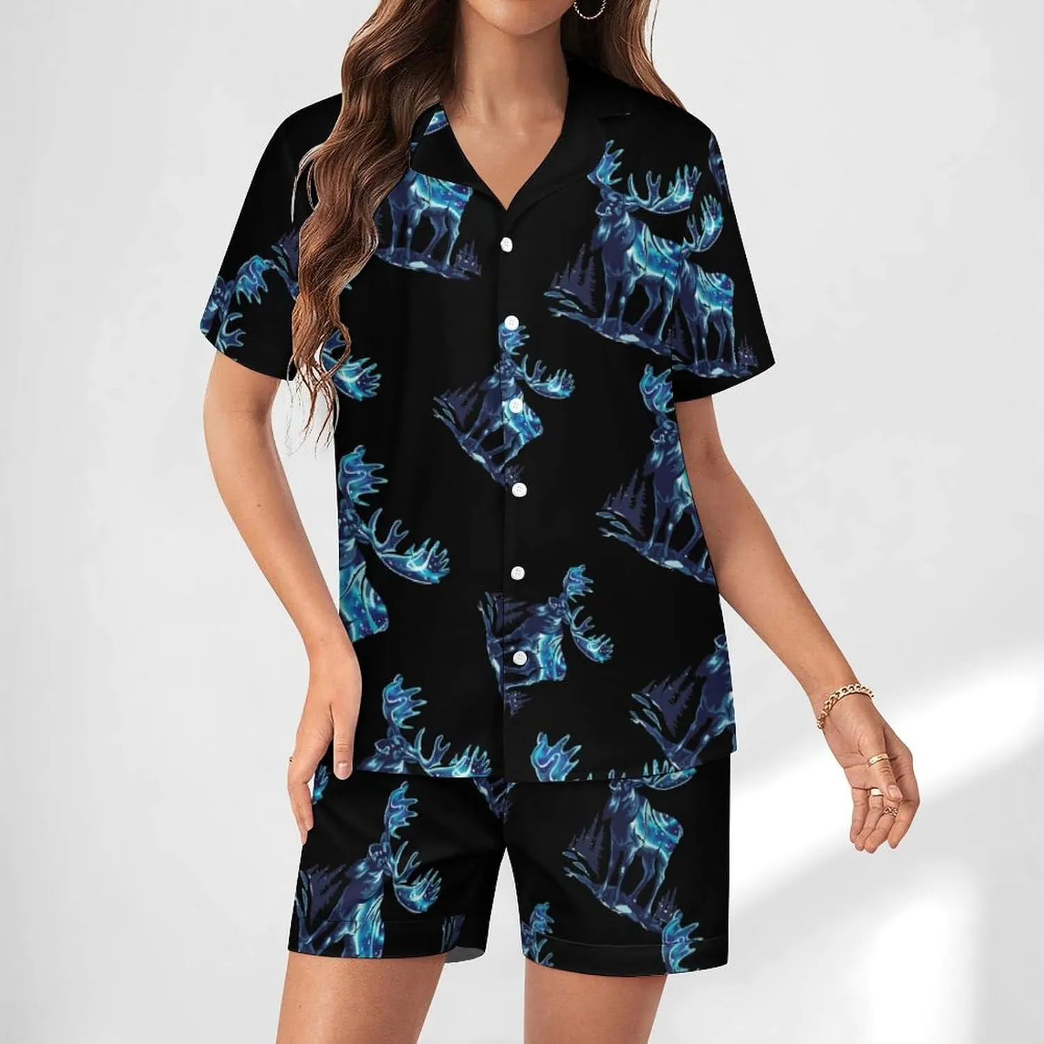 Alaskan Moose with Aurora Borealis Snowy Scene Women's Satin Pajama Set Short Sleeve Button Down Sleepwear Loungewear Pj Set