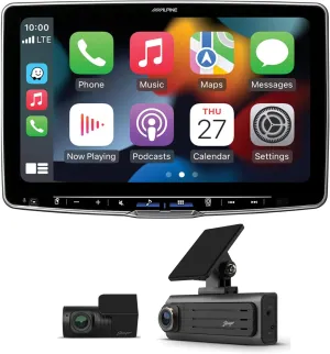 Alpine iLX-F511 Halo 11 Floating Hi-Res Multimedia Receiver with Wireless Apple CarPlay Android Auto and Stinger SDC-2CHFHD Opsis Universal Full HD Front & Rear Dash Camera Bundle