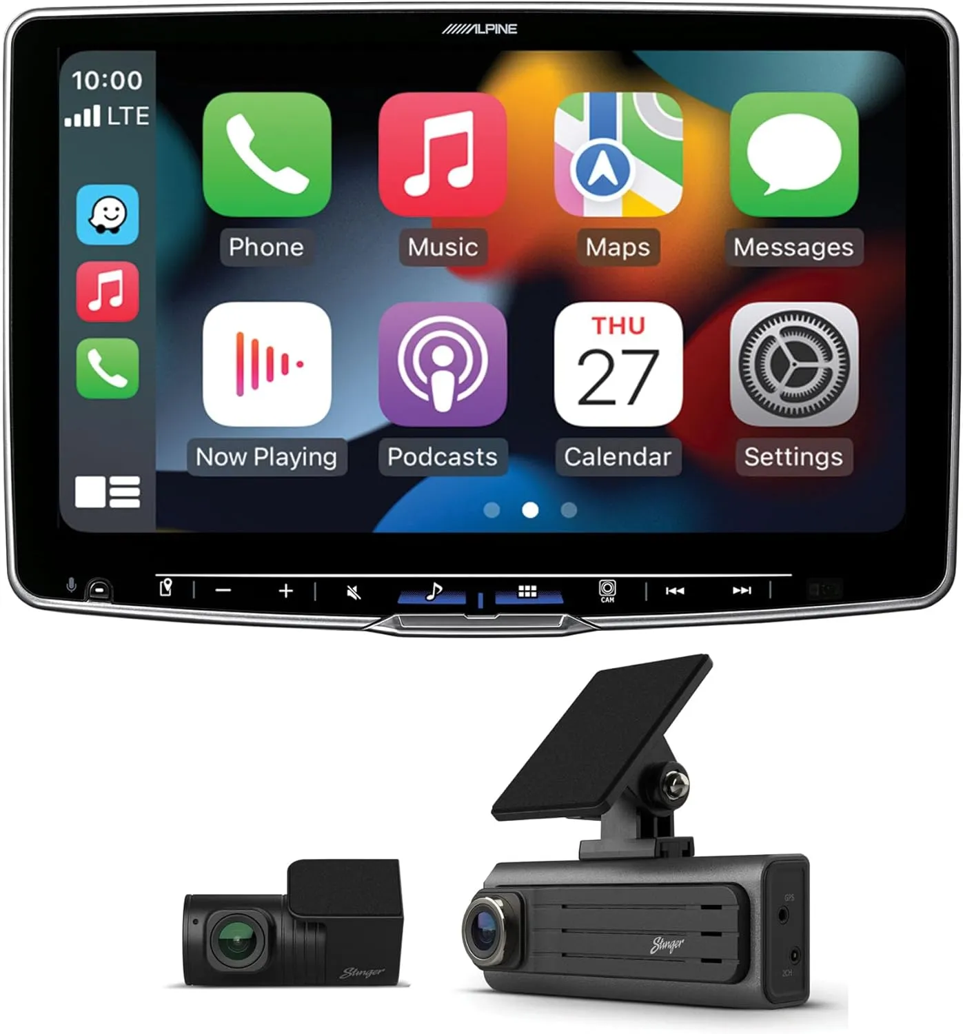 Alpine iLX-F511 Halo 11 Floating Hi-Res Multimedia Receiver with Wireless Apple CarPlay Android Auto and Stinger SDC-2CHFHD Opsis Universal Full HD Front & Rear Dash Camera Bundle