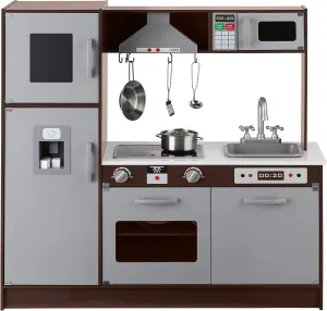 Amazon Basics Kids Upright Wooden Kitchen Toy Playset with Stove, Oven, Sink, Fridge and Accessories, for Toddlers, Preschoolers, Children Age 3  Years, Espresso/Gray, 39x11.8x39''
