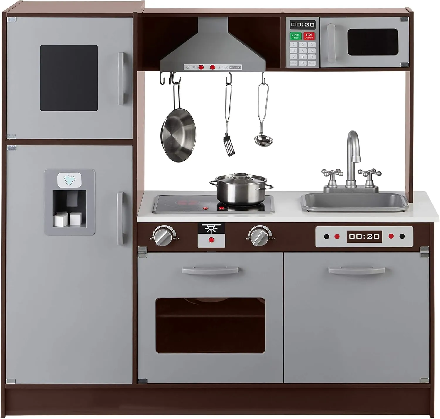 Amazon Basics Kids Upright Wooden Kitchen Toy Playset with Stove, Oven, Sink, Fridge and Accessories, for Toddlers, Preschoolers, Children Age 3  Years, Espresso/Gray, 39x11.8x39''
