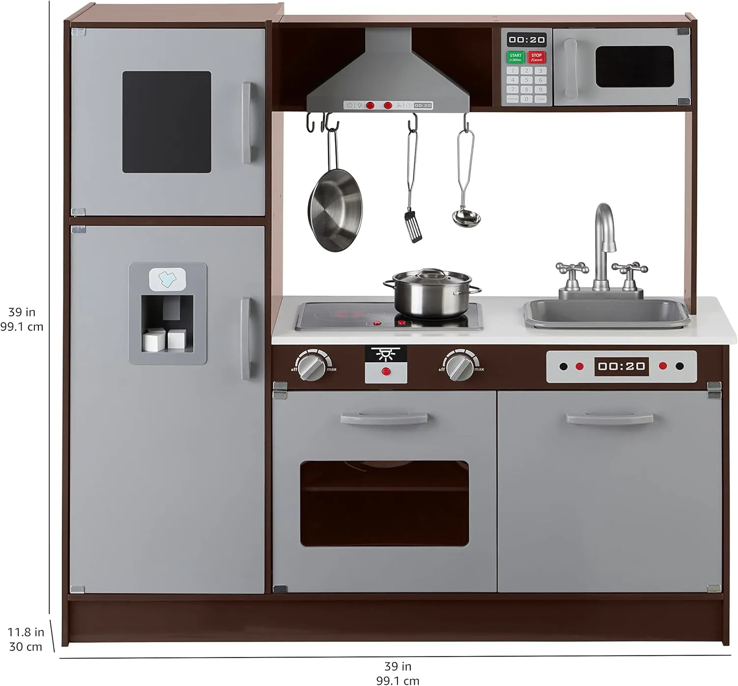 Amazon Basics Kids Upright Wooden Kitchen Toy Playset with Stove, Oven, Sink, Fridge and Accessories, for Toddlers, Preschoolers, Children Age 3  Years, Espresso/Gray, 39x11.8x39''
