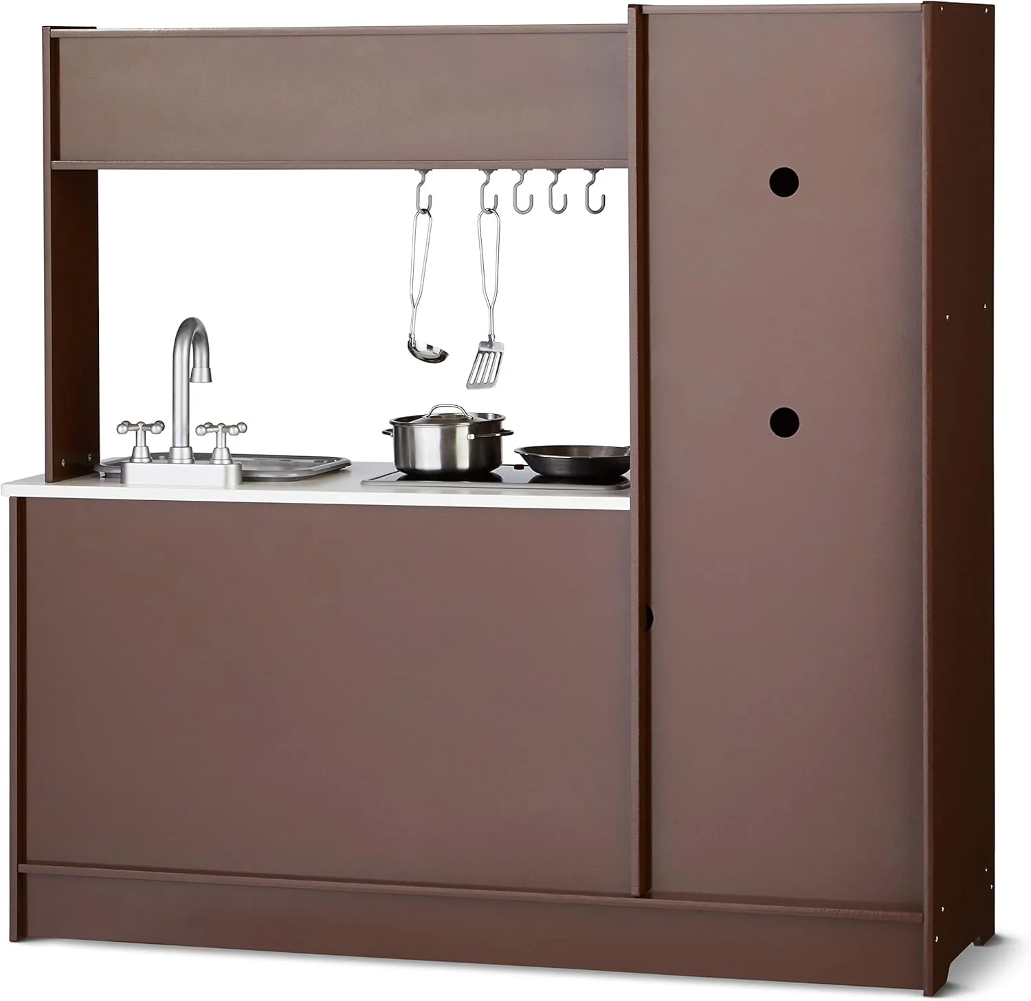 Amazon Basics Kids Upright Wooden Kitchen Toy Playset with Stove, Oven, Sink, Fridge and Accessories, for Toddlers, Preschoolers, Children Age 3  Years, Espresso/Gray, 39x11.8x39''