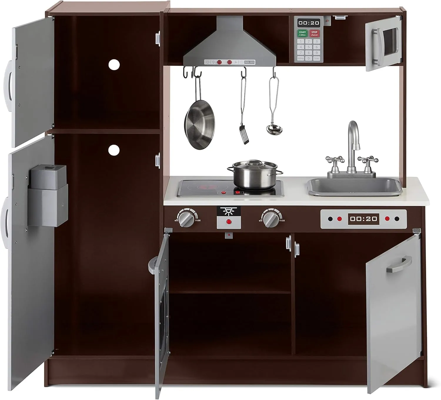 Amazon Basics Kids Upright Wooden Kitchen Toy Playset with Stove, Oven, Sink, Fridge and Accessories, for Toddlers, Preschoolers, Children Age 3  Years, Espresso/Gray, 39x11.8x39''