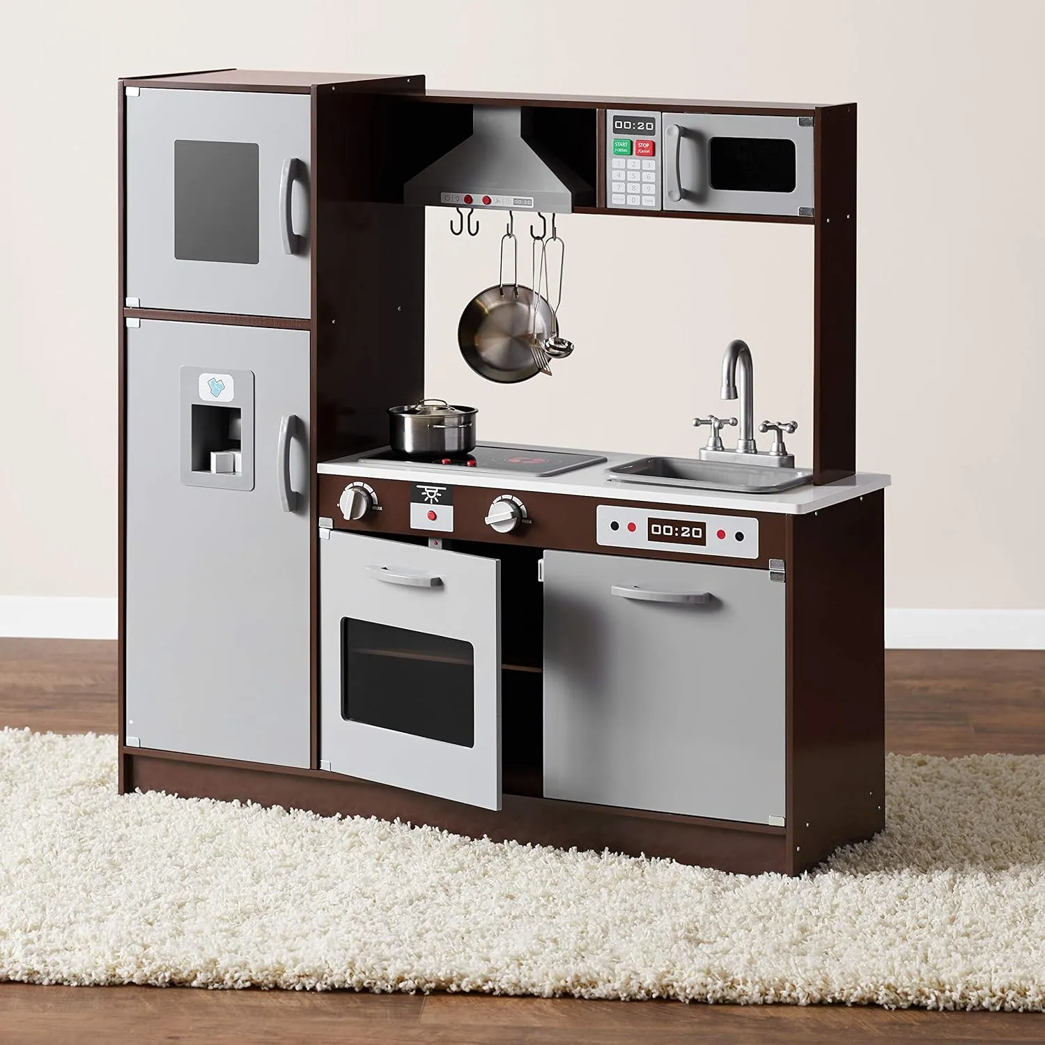 Amazon Basics Kids Upright Wooden Kitchen Toy Playset with Stove, Oven, Sink, Fridge and Accessories, for Toddlers, Preschoolers, Children Age 3  Years, Espresso/Gray, 39x11.8x39''