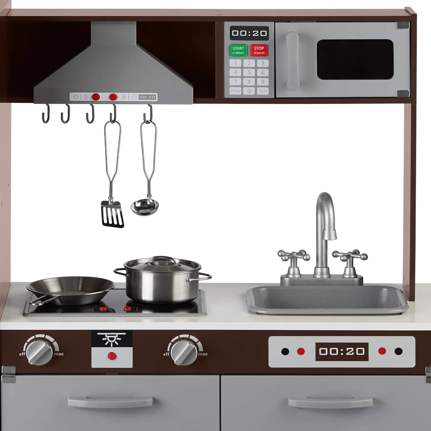 Amazon Basics Kids Upright Wooden Kitchen Toy Playset with Stove, Oven, Sink, Fridge and Accessories, for Toddlers, Preschoolers, Children Age 3  Years, Espresso/Gray, 39x11.8x39''