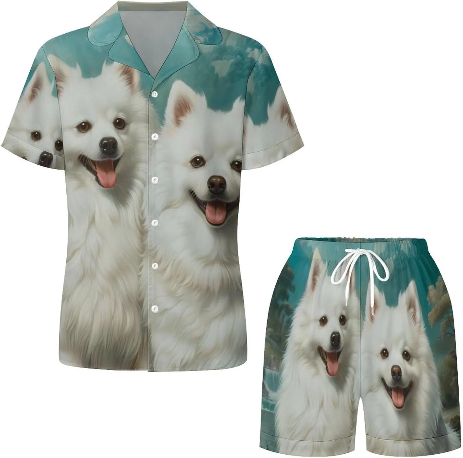 American Eskimos Dogs Women's Satin Pajama Set Short Sleeve Button Down Sleepwear Loungewear Pj Set