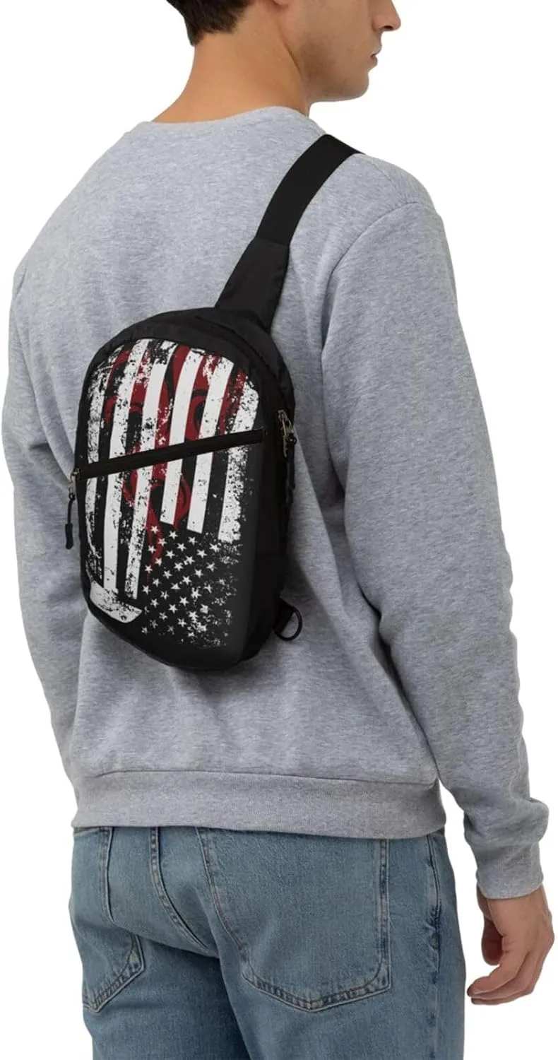 American Flame Axe Firefighter Flag Portable Sling Bags Packable Crossbody Bag Foldable Sport Daypack Reusable Shoulder Backpack Diagonally Chest Bag for Workout Travel