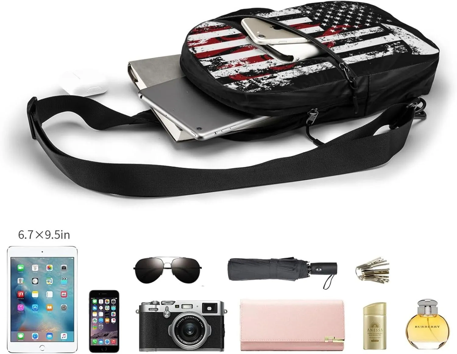 American Flame Axe Firefighter Flag Portable Sling Bags Packable Crossbody Bag Foldable Sport Daypack Reusable Shoulder Backpack Diagonally Chest Bag for Workout Travel