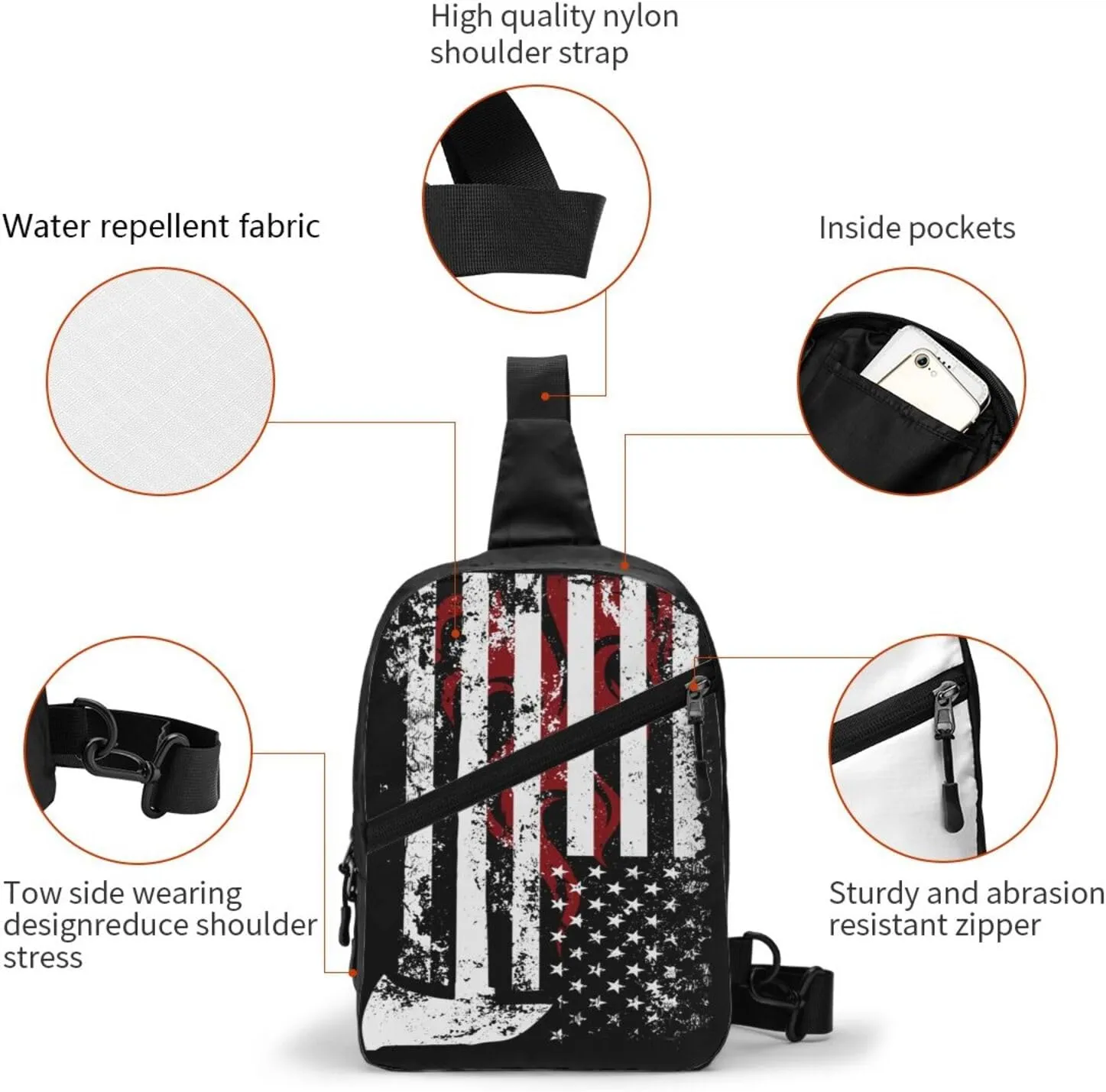 American Flame Axe Firefighter Flag Portable Sling Bags Packable Crossbody Bag Foldable Sport Daypack Reusable Shoulder Backpack Diagonally Chest Bag for Workout Travel