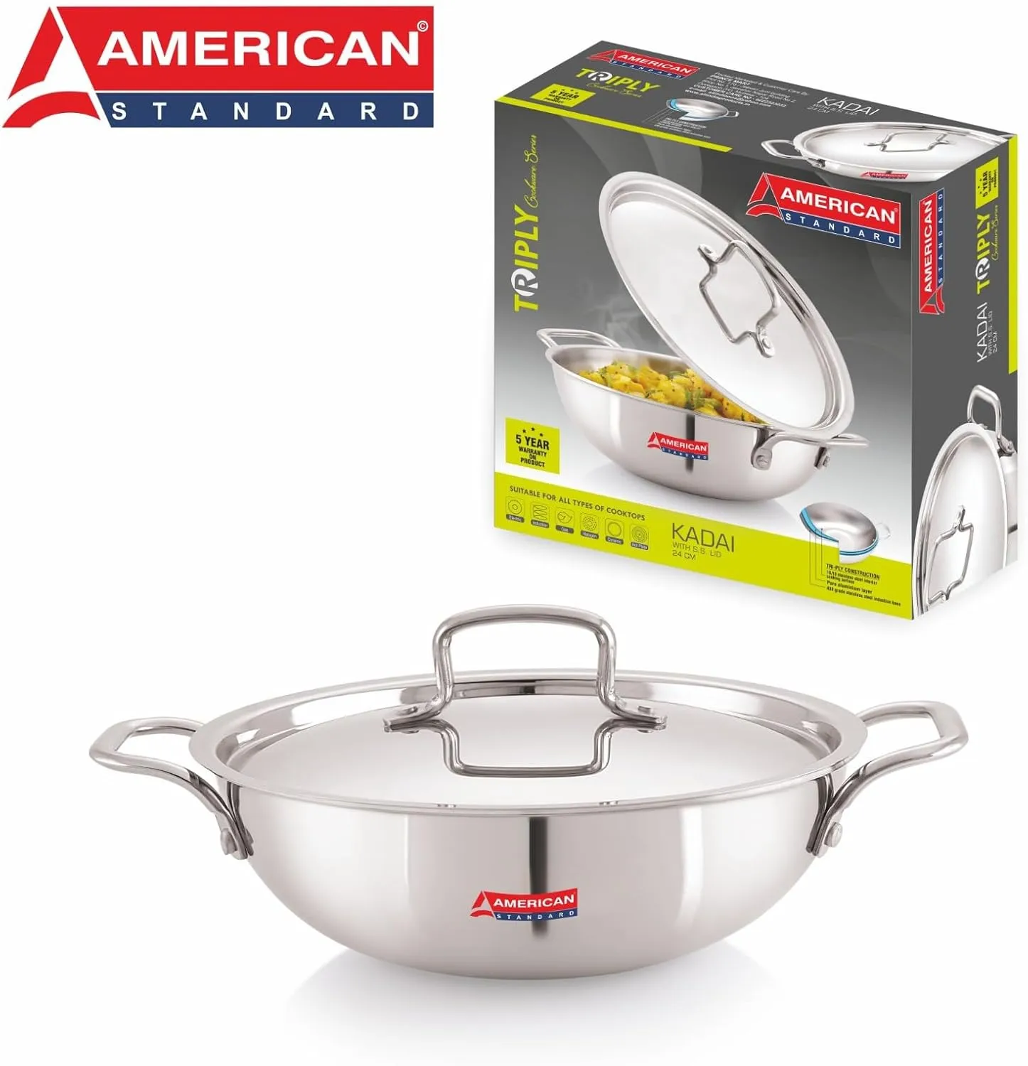 AMERICANSTANDARD Premium Triply Stainless Steel Extra Deep Wok Kadai with Stainless Steel Lid Available in Sizes from 18CM to 28CM, Silver (Induction and All Gas Stove Friendly) (8 IN)