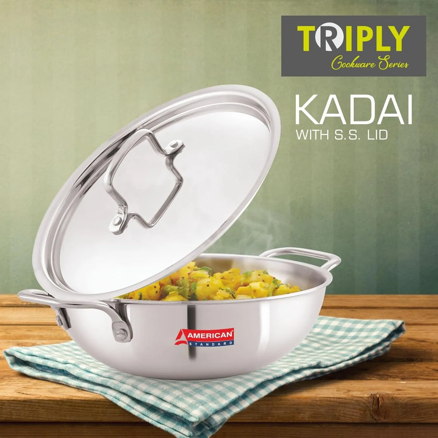 AMERICANSTANDARD Premium Triply Stainless Steel Extra Deep Wok Kadai with Stainless Steel Lid Available in Sizes from 18CM to 28CM, Silver (Induction and All Gas Stove Friendly) (8 IN)