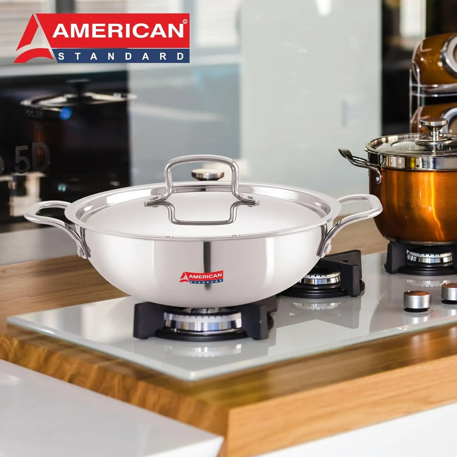 AMERICANSTANDARD Premium Triply Stainless Steel Extra Deep Wok Kadai with Stainless Steel Lid Available in Sizes from 18CM to 28CM, Silver (Induction and All Gas Stove Friendly) (8 IN)