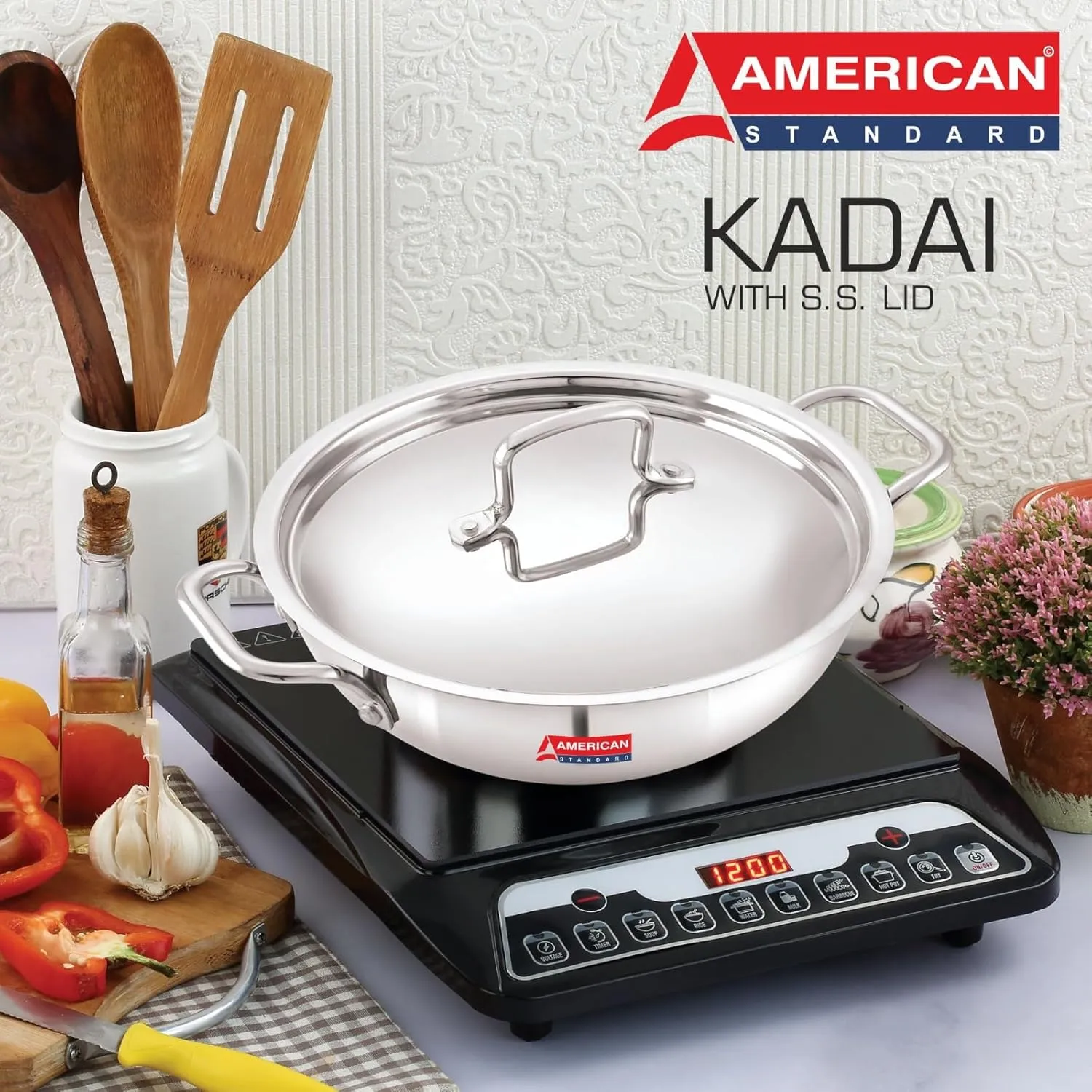 AMERICANSTANDARD Premium Triply Stainless Steel Extra Deep Wok Kadai with Stainless Steel Lid Available in Sizes from 18CM to 28CM, Silver (Induction and All Gas Stove Friendly) (8 IN)