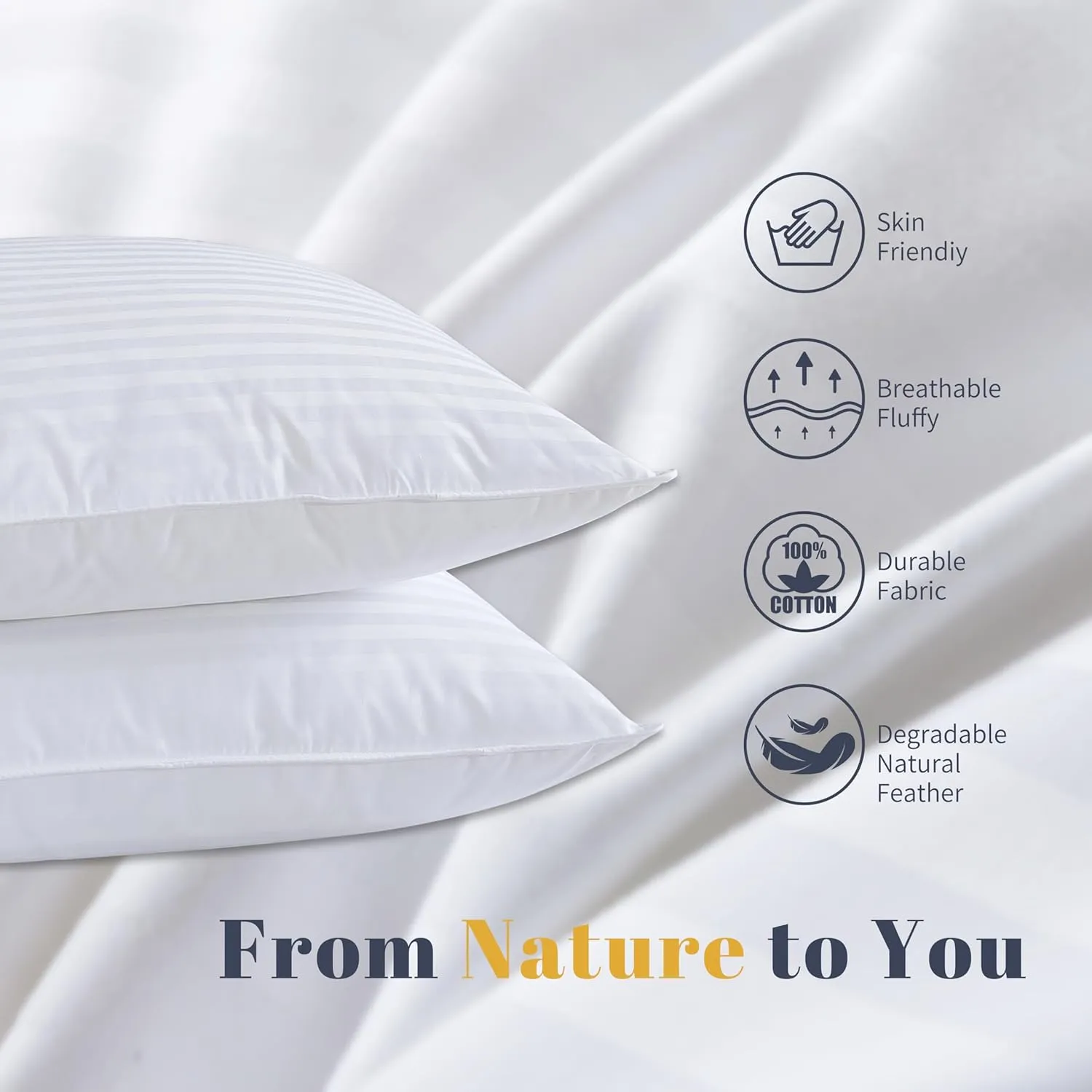 ANALIN® Goose Feather Down Pillows Queen Size Set of 2, Soft Fluffy Luxury Hotel Collection Pillow, 100% Cotton Shell, Medium Firm Bed Pillow for Back, Stomach or Side Sleeper.（15% Goose Down）