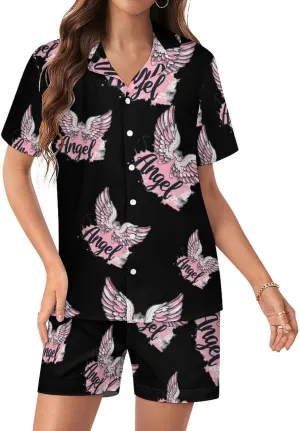 Angel Wings Women's Satin Pajama Set Short Sleeve Button Down Sleepwear Loungewear Pj Set