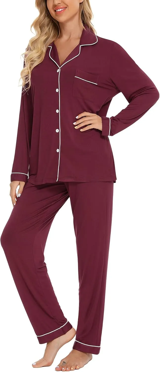 Anjue Pajamas for Women Soft Button Up Pajama Set Long Sleeve Shirt and Pajama Pants Lounge Sets S-XXL