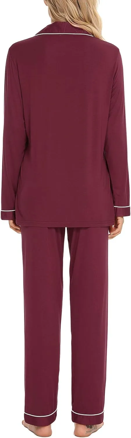 Anjue Pajamas for Women Soft Button Up Pajama Set Long Sleeve Shirt and Pajama Pants Lounge Sets S-XXL
