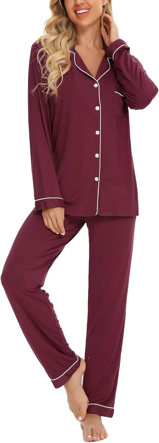 Anjue Pajamas for Women Soft Button Up Pajama Set Long Sleeve Shirt and Pajama Pants Lounge Sets S-XXL