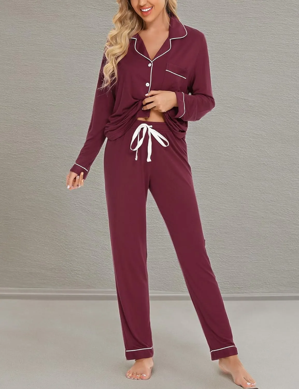 Anjue Pajamas for Women Soft Button Up Pajama Set Long Sleeve Shirt and Pajama Pants Lounge Sets S-XXL