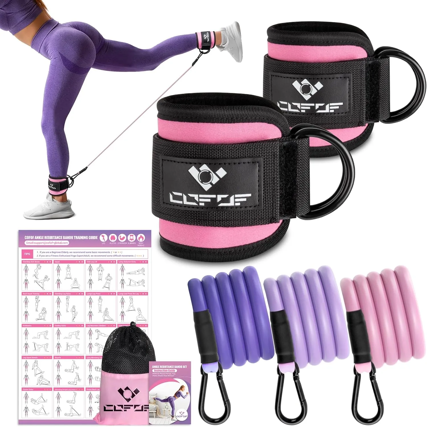 Ankle Resistance Bands With Cuffs for Working Out, Kickbacks, Hip, Leg and Glute Exercise - Training Poster Included - for Women