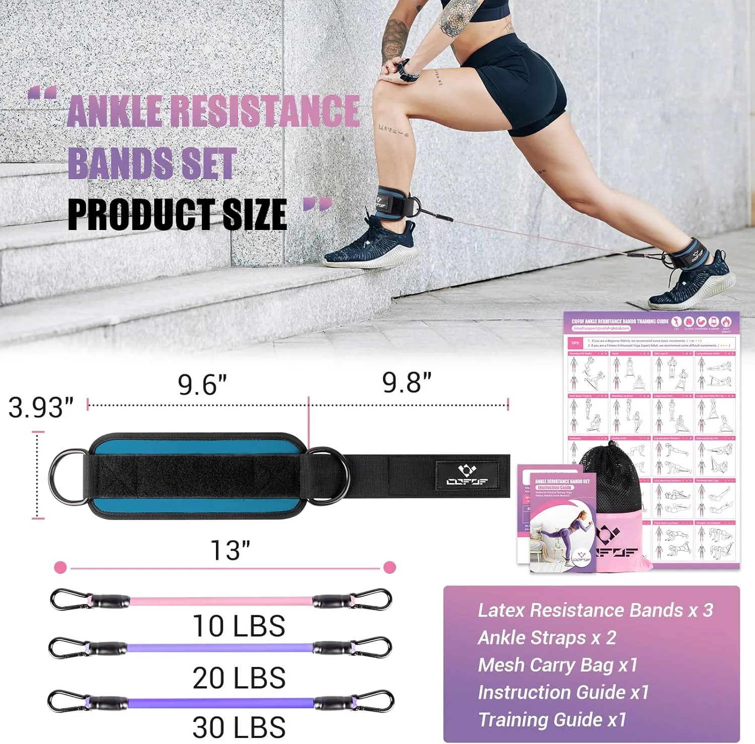 Ankle Resistance Bands With Cuffs for Working Out, Kickbacks, Hip, Leg and Glute Exercise - Training Poster Included - for Women