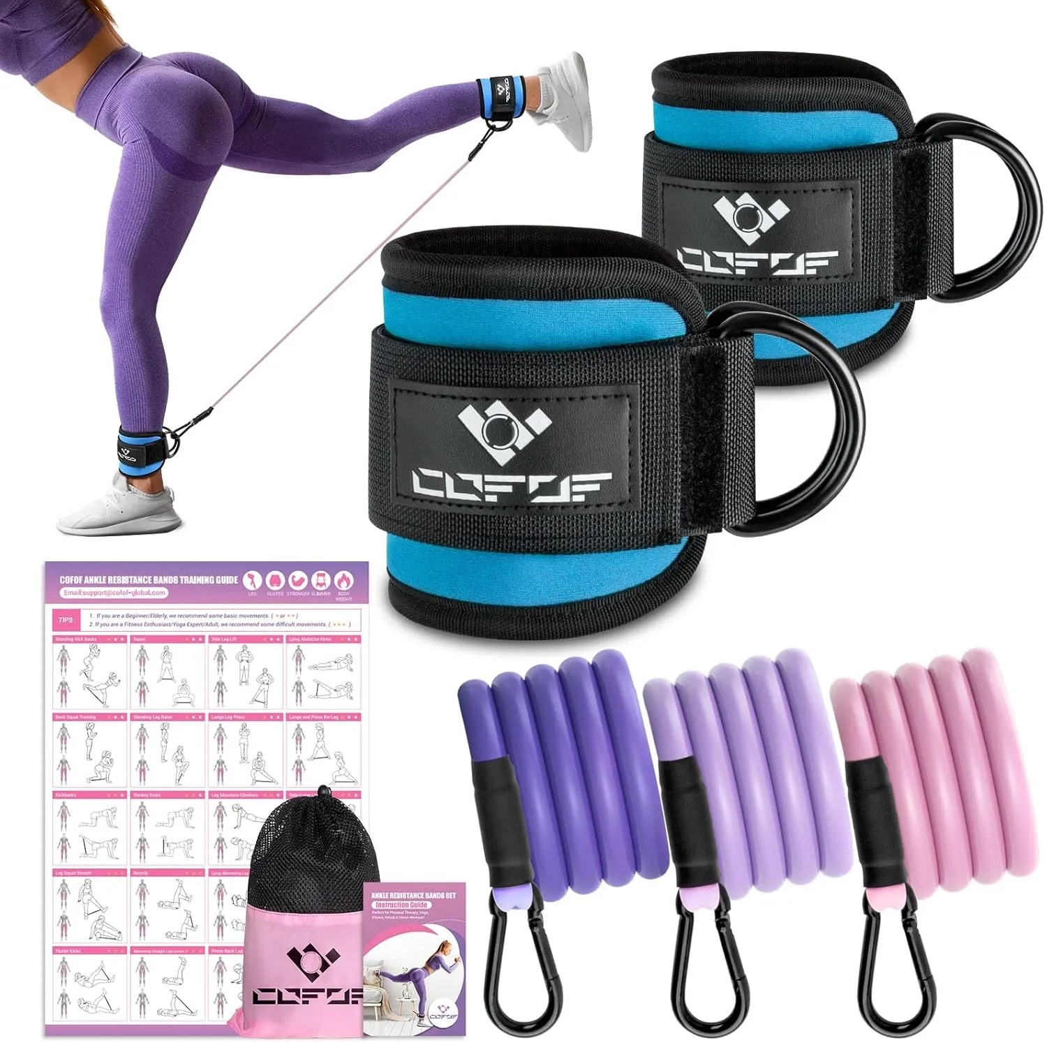 Ankle Resistance Bands With Cuffs for Working Out, Kickbacks, Hip, Leg and Glute Exercise - Training Poster Included - for Women