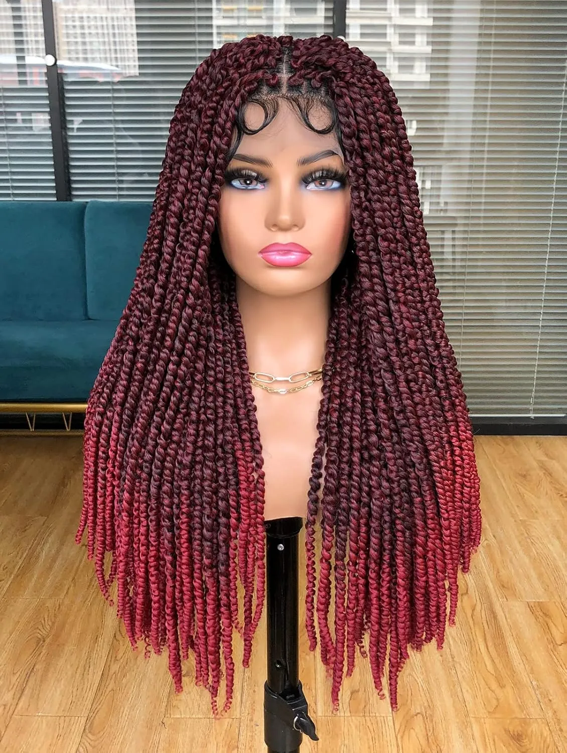 Annivia Passion Twist braided Wigs for Black Women Full Lace knotless braided wigs With Baby Hair Passion Twist Water Wave Crochet Hair Premium Synthetic Lace Faux Locs Braiding Wig(1B/BUG 24Inch)