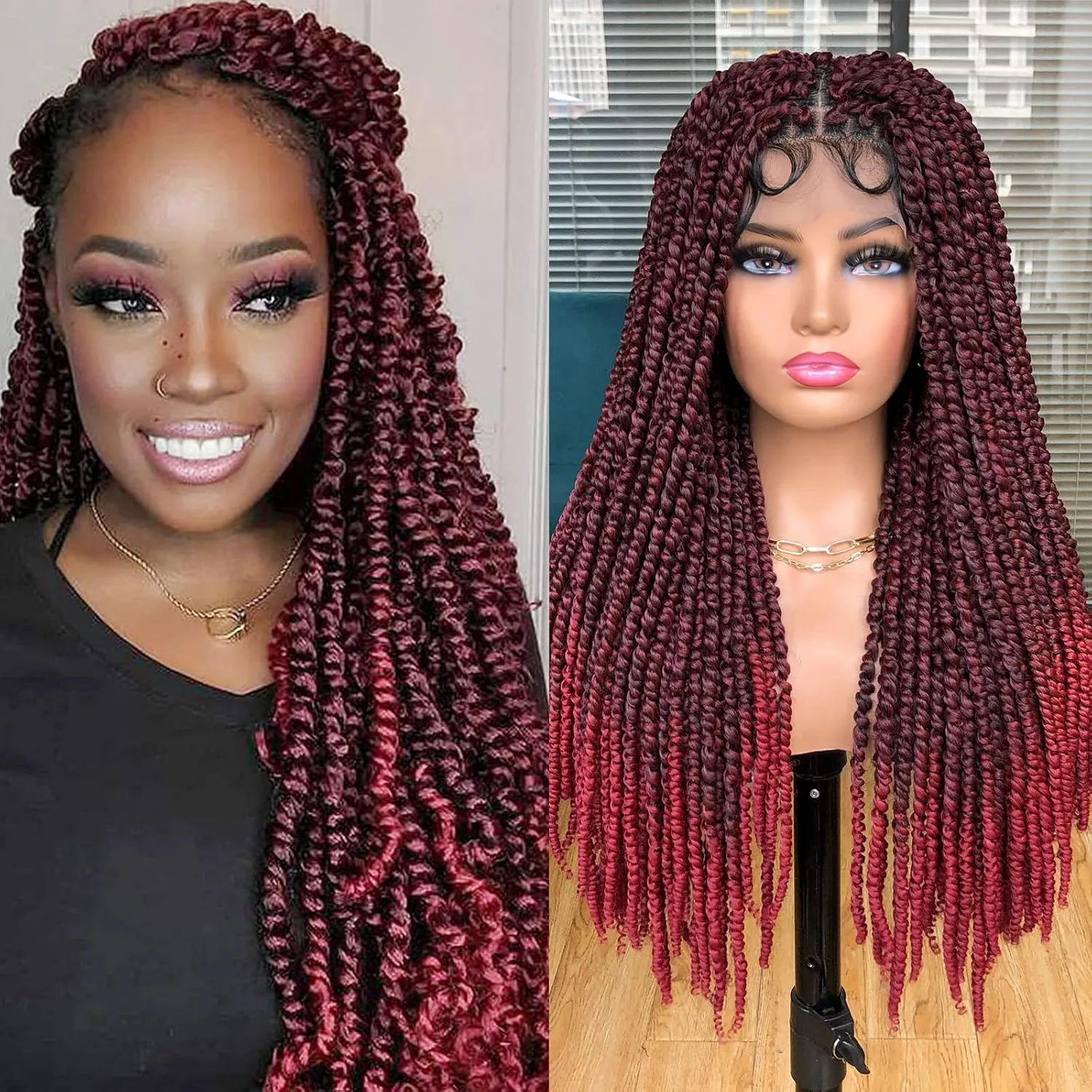Annivia Passion Twist braided Wigs for Black Women Full Lace knotless braided wigs With Baby Hair Passion Twist Water Wave Crochet Hair Premium Synthetic Lace Faux Locs Braiding Wig(1B/BUG 24Inch)