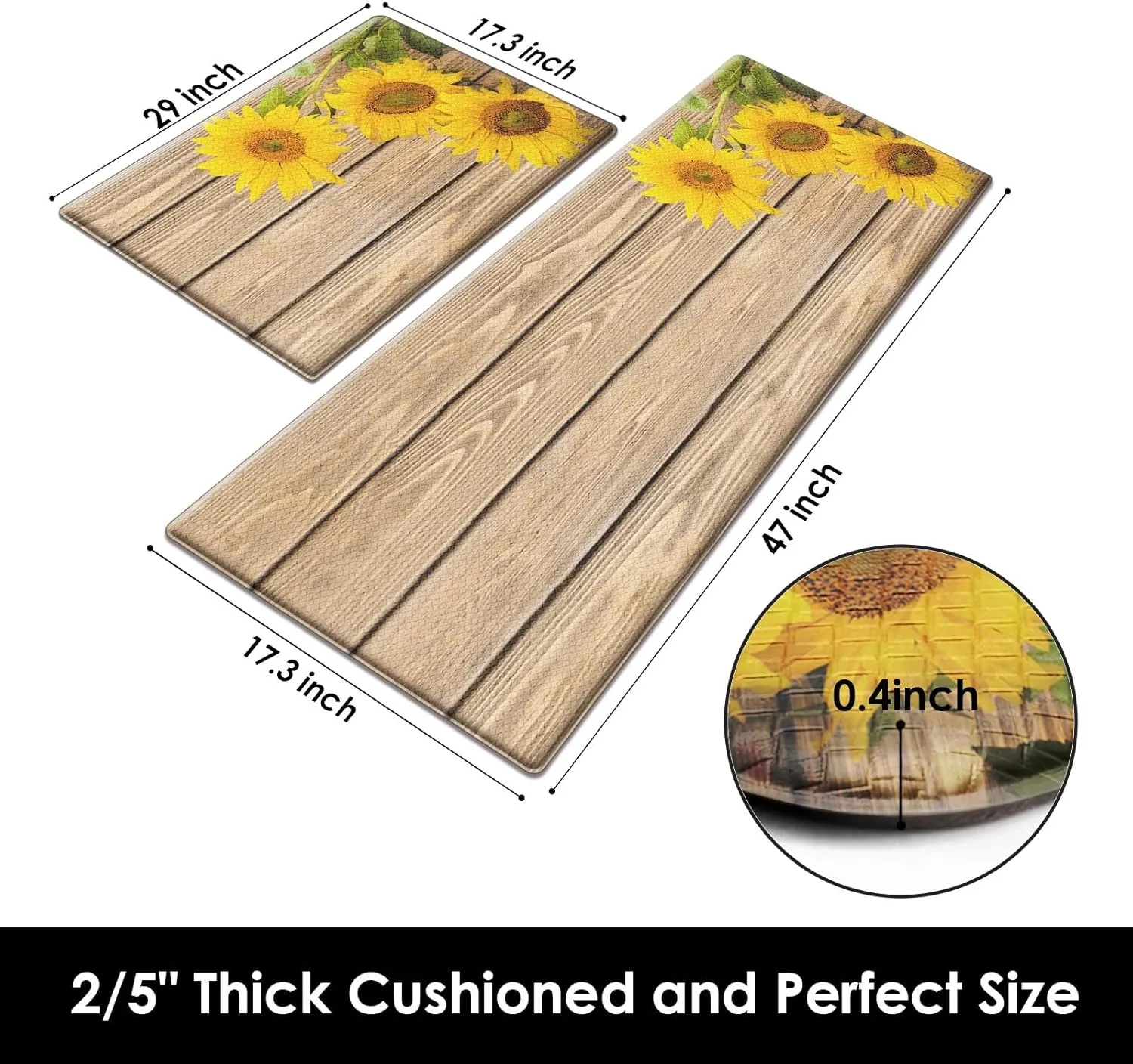 Anti-Fatigue Sunflower Kitchen Rug Set of 2 Cushioned Wooden Background Mat for Floor, Standing Waterproof Non-Slip Rug PVC Ergonomic Comfort Foam Kitchen Decor