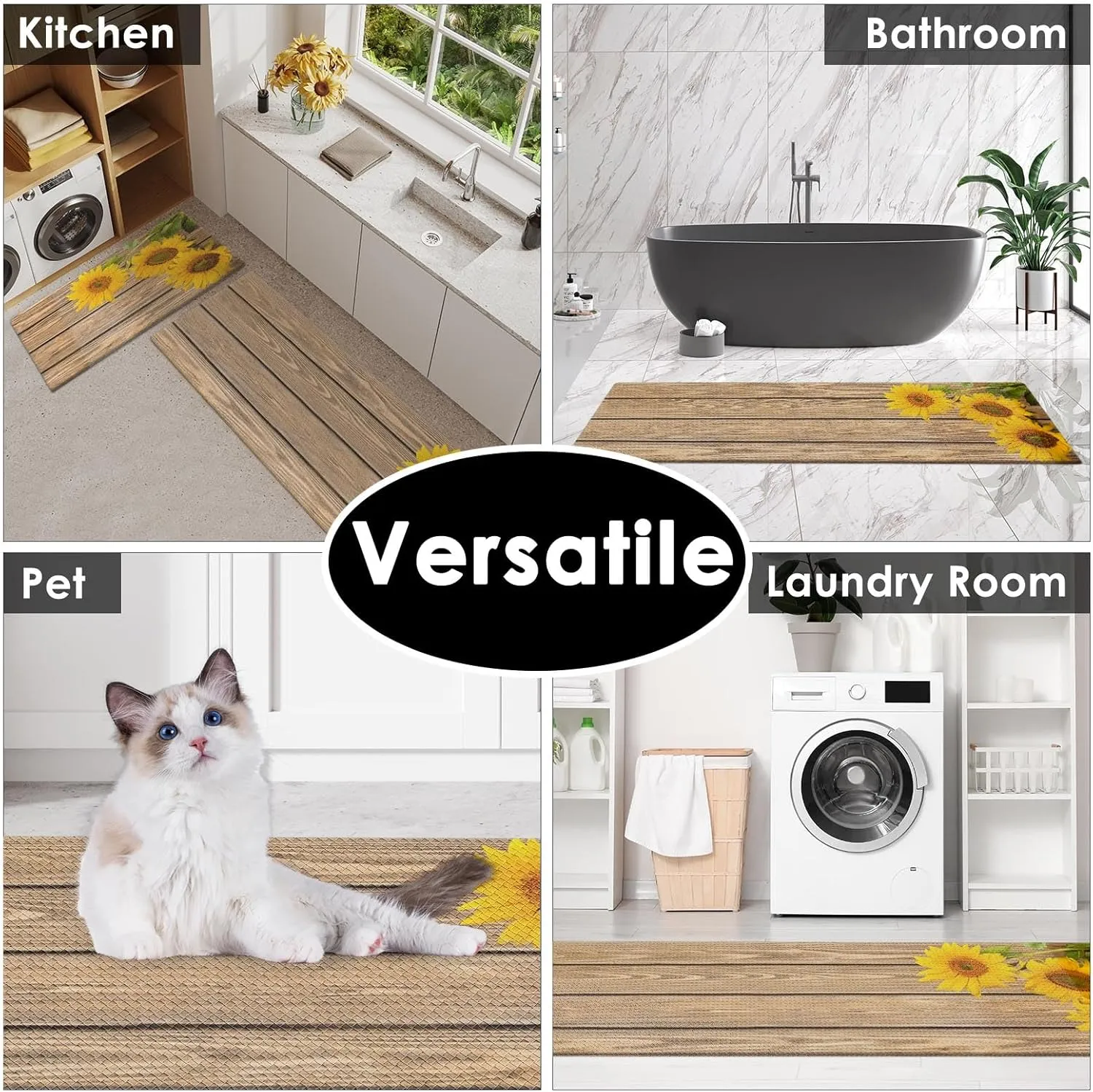 Anti-Fatigue Sunflower Kitchen Rug Set of 2 Cushioned Wooden Background Mat for Floor, Standing Waterproof Non-Slip Rug PVC Ergonomic Comfort Foam Kitchen Decor