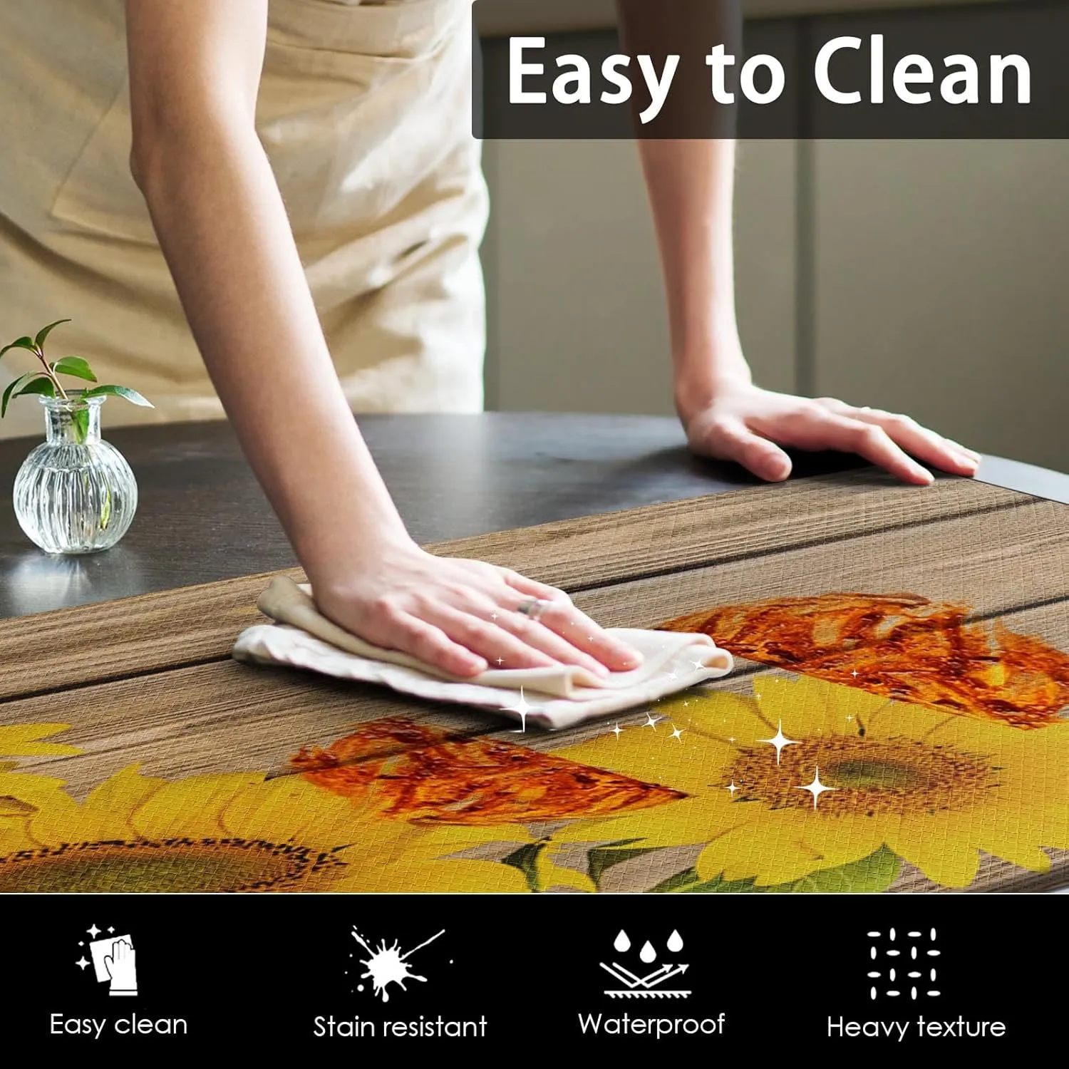 Anti-Fatigue Sunflower Kitchen Rug Set of 2 Cushioned Wooden Background Mat for Floor, Standing Waterproof Non-Slip Rug PVC Ergonomic Comfort Foam Kitchen Decor