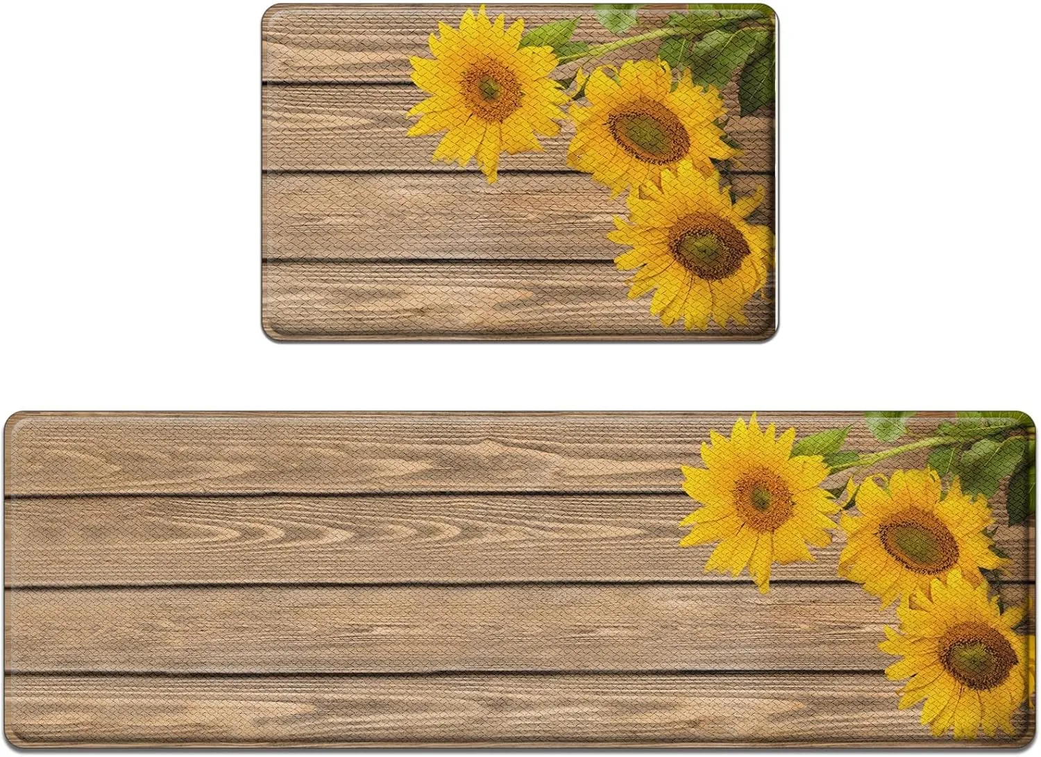 Anti-Fatigue Sunflower Kitchen Rug Set of 2 Cushioned Wooden Background Mat for Floor, Standing Waterproof Non-Slip Rug PVC Ergonomic Comfort Foam Kitchen Decor
