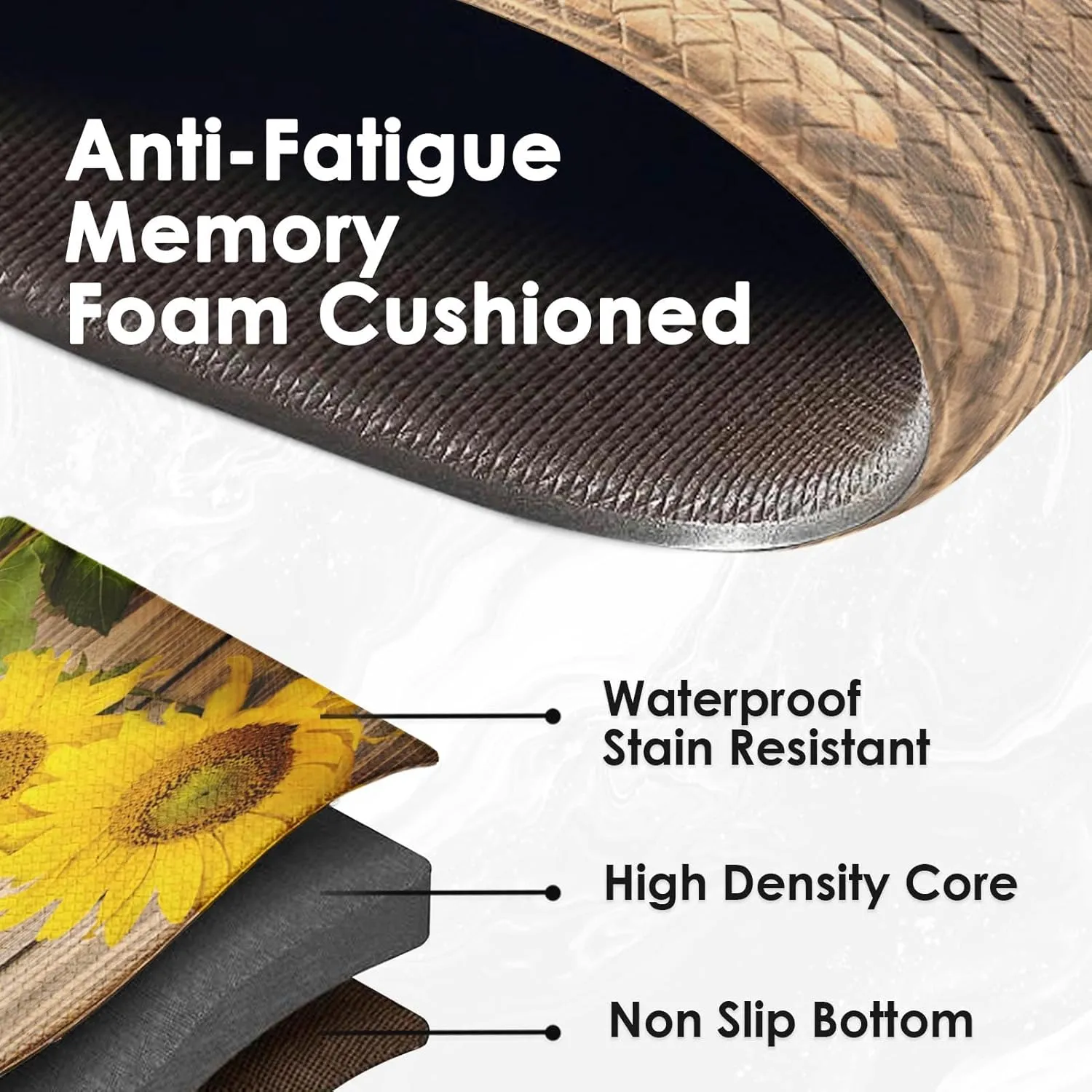 Anti-Fatigue Sunflower Kitchen Rug Set of 2 Cushioned Wooden Background Mat for Floor, Standing Waterproof Non-Slip Rug PVC Ergonomic Comfort Foam Kitchen Decor