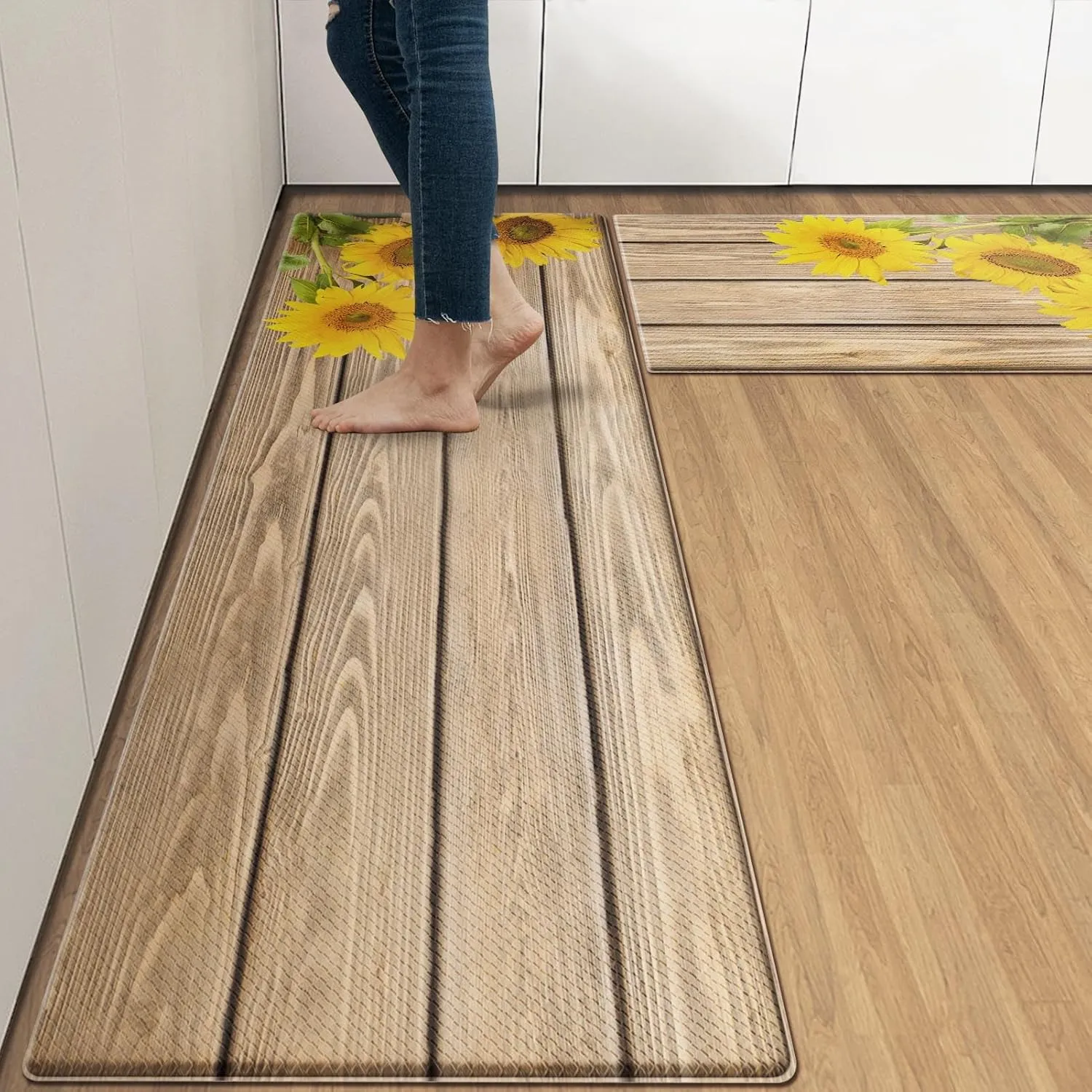 Anti-Fatigue Sunflower Kitchen Rug Set of 2 Cushioned Wooden Background Mat for Floor, Standing Waterproof Non-Slip Rug PVC Ergonomic Comfort Foam Kitchen Decor