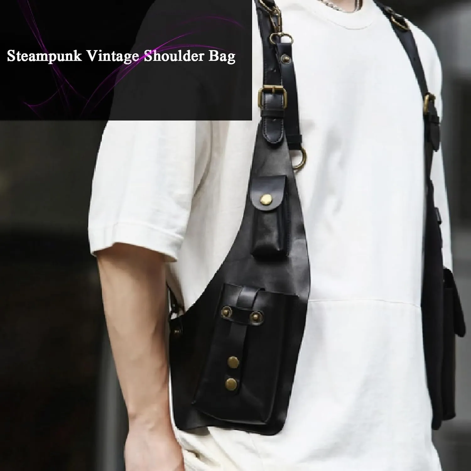 Anti-Theft Bag with Shoulder Harness, Mens Leather Harness,Steampunk Vintage Shoulder Bag (Brown)