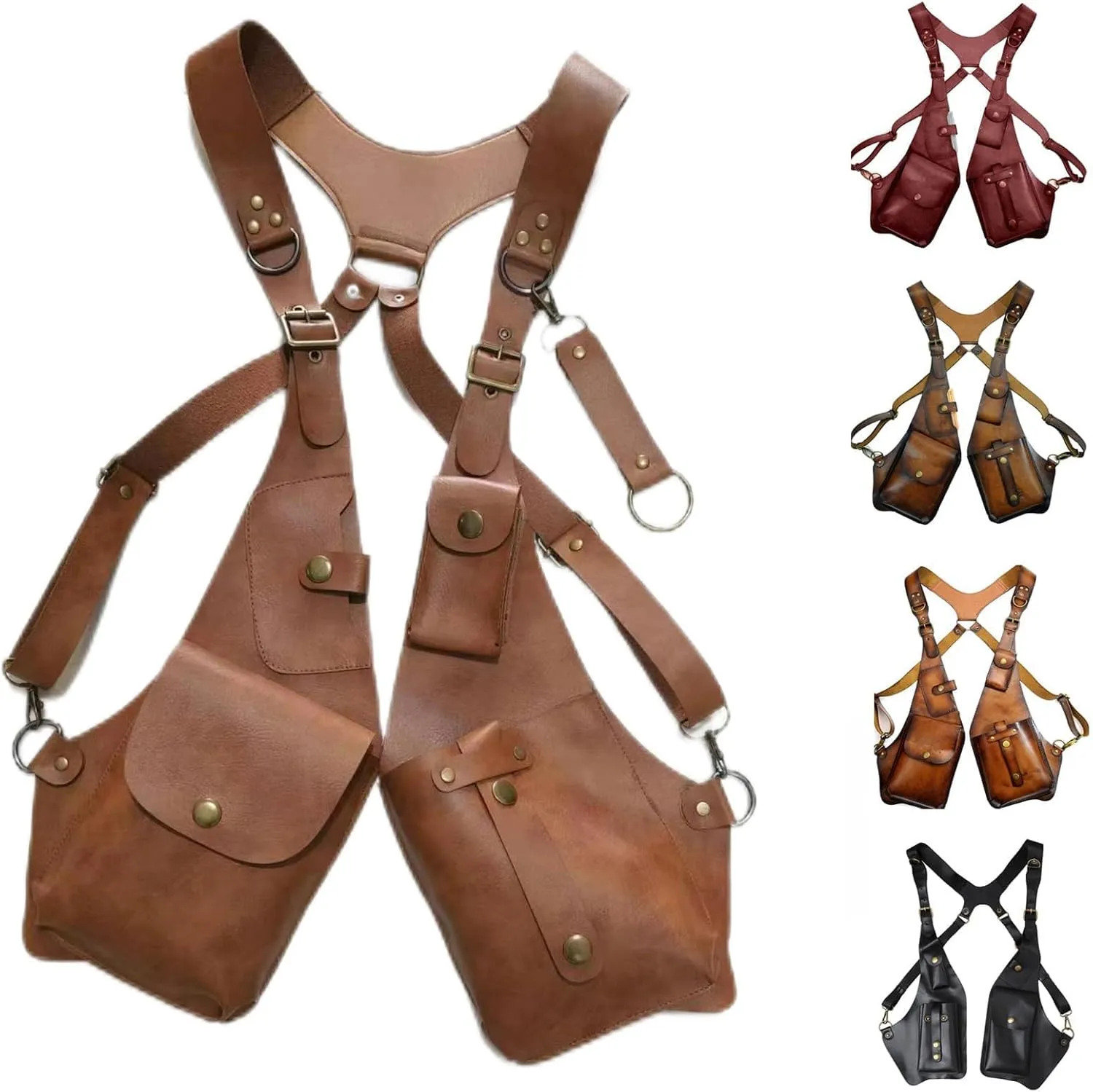 Anti-Theft Bag with Shoulder Harness, Mens Leather Harness,Steampunk Vintage Shoulder Bag (Brown)