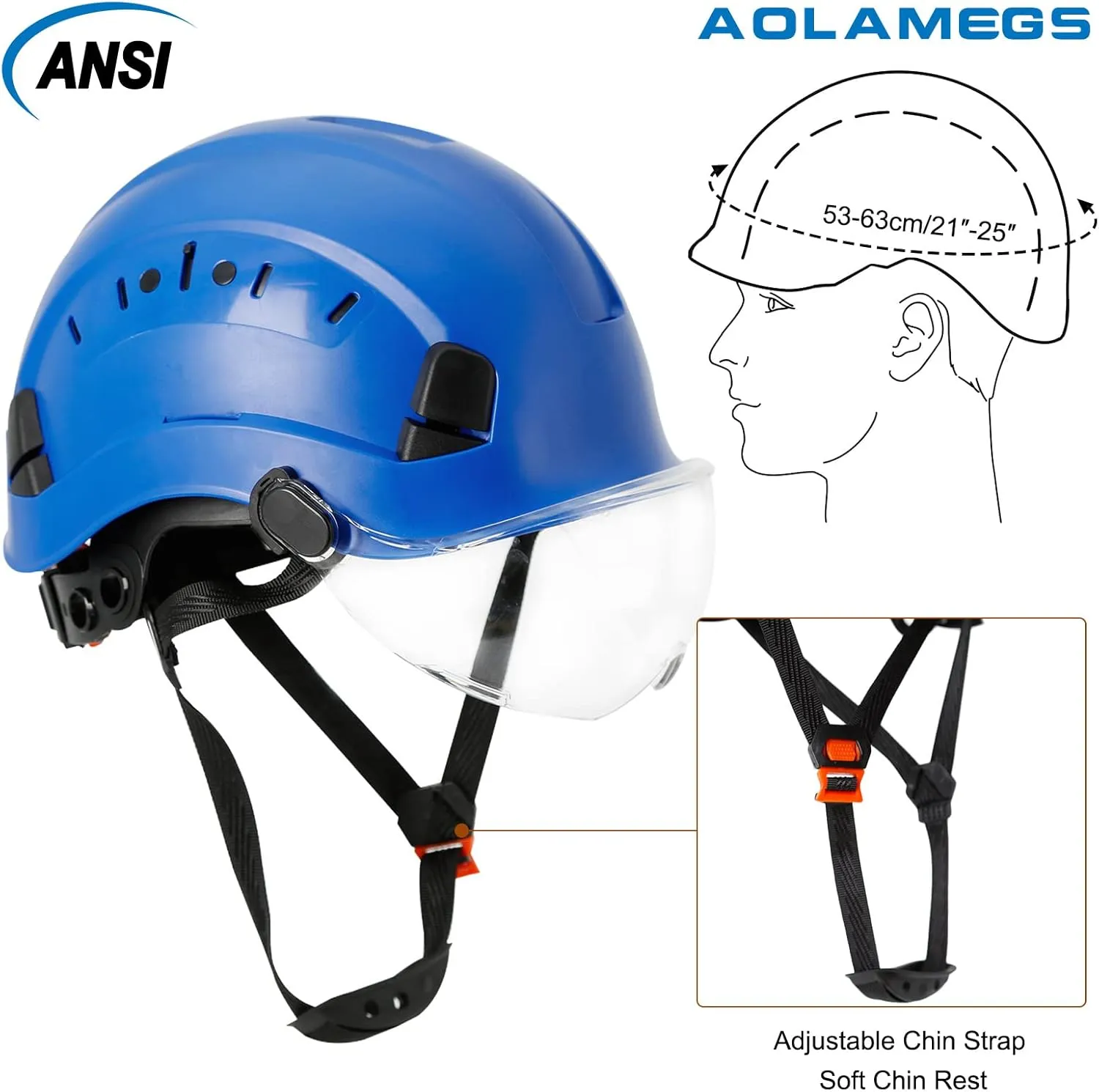 AOLAMEGS Construction Blue Hard Hats - Adjustable Vented Hard Hat with Visor for Men Women ABS Safety Helmet 6-Point Suspension Work Safety Helmet for Outdoor Height Industrial (with Clear Visor)