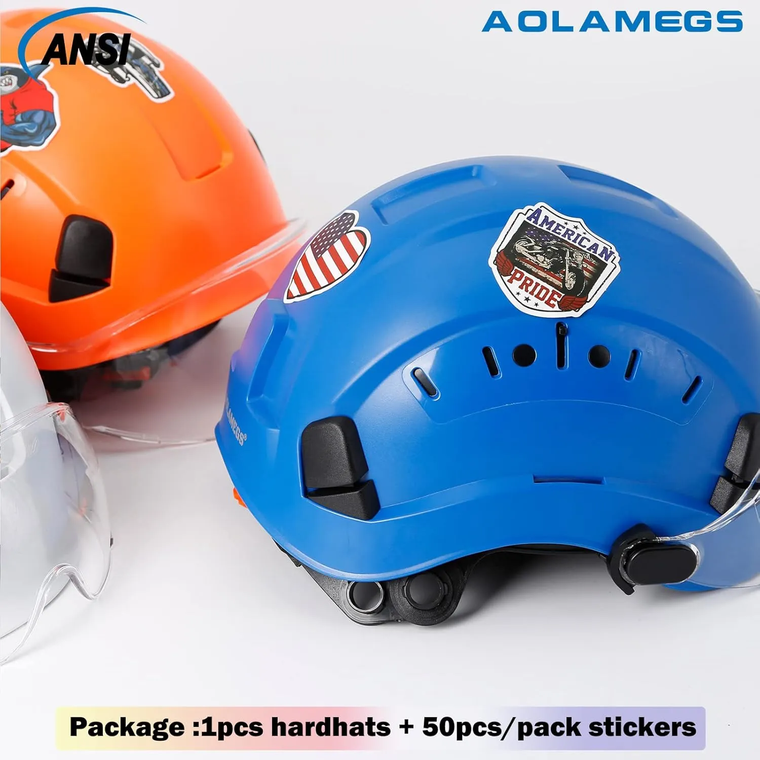 AOLAMEGS Construction Blue Hard Hats - Adjustable Vented Hard Hat with Visor for Men Women ABS Safety Helmet 6-Point Suspension Work Safety Helmet for Outdoor Height Industrial (with Clear Visor)