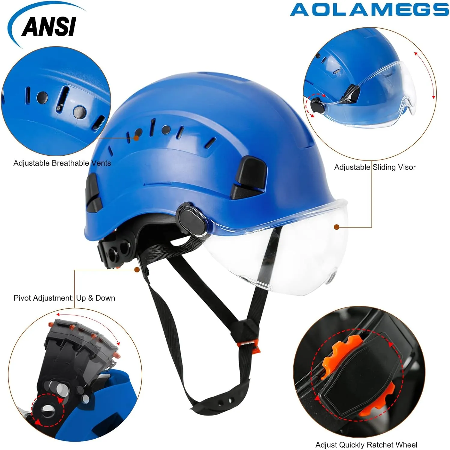 AOLAMEGS Construction Blue Hard Hats - Adjustable Vented Hard Hat with Visor for Men Women ABS Safety Helmet 6-Point Suspension Work Safety Helmet for Outdoor Height Industrial (with Clear Visor)