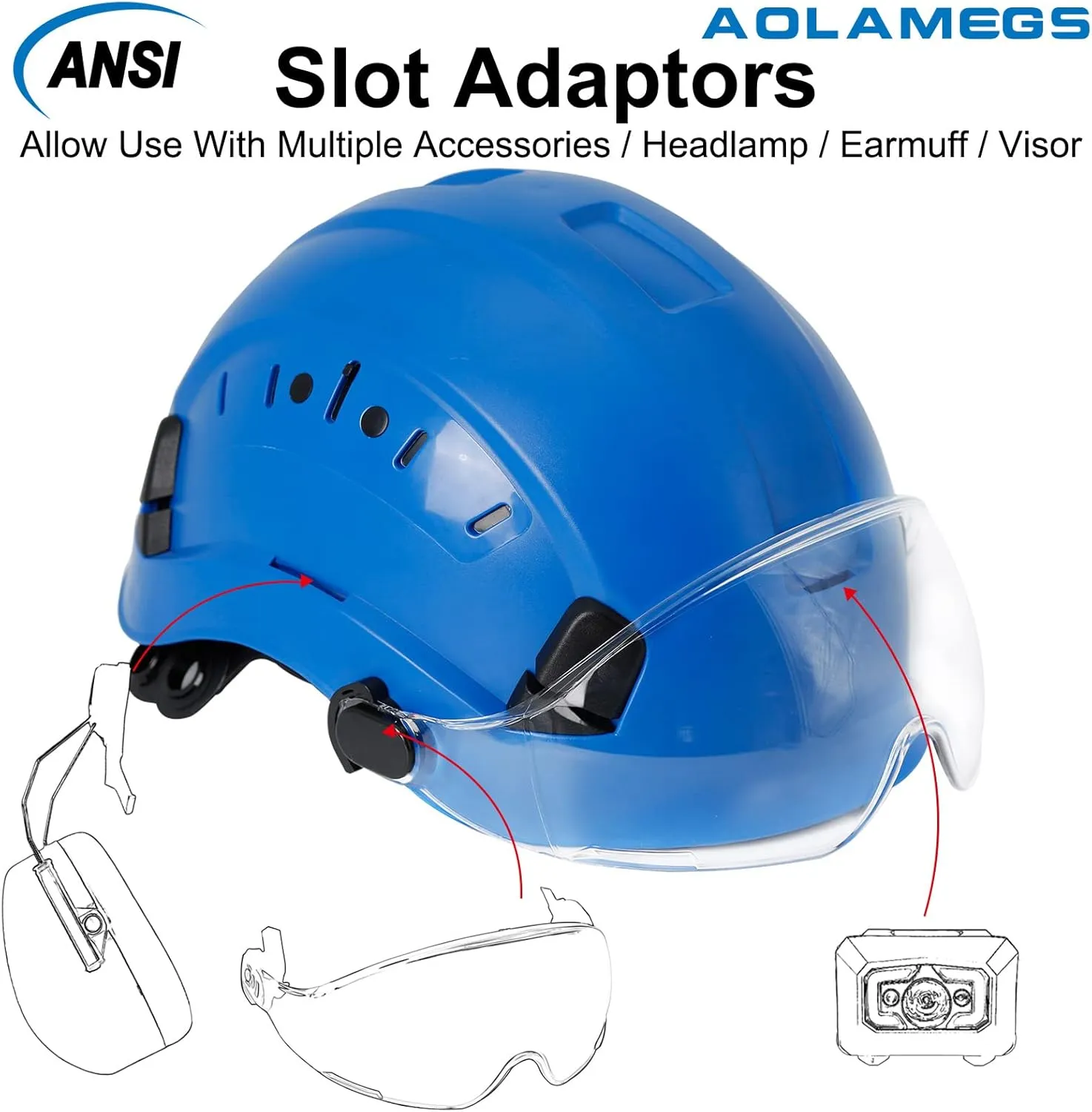 AOLAMEGS Construction Blue Hard Hats - Adjustable Vented Hard Hat with Visor for Men Women ABS Safety Helmet 6-Point Suspension Work Safety Helmet for Outdoor Height Industrial (with Clear Visor)