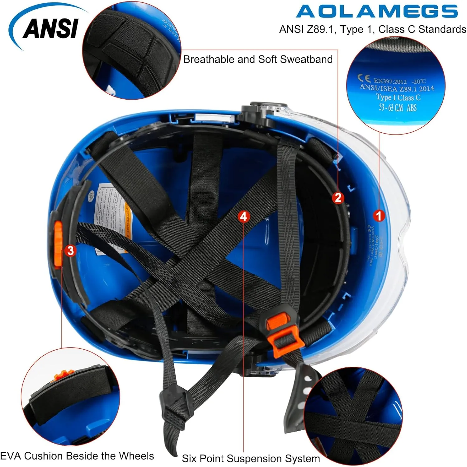 AOLAMEGS Construction Blue Hard Hats - Adjustable Vented Hard Hat with Visor for Men Women ABS Safety Helmet 6-Point Suspension Work Safety Helmet for Outdoor Height Industrial (with Clear Visor)