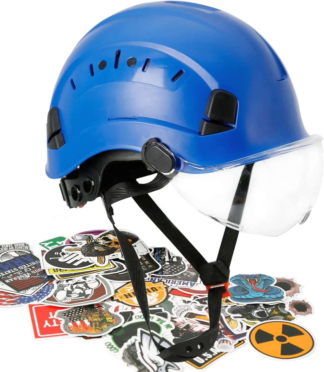 AOLAMEGS Construction Blue Hard Hats - Adjustable Vented Hard Hat with Visor for Men Women ABS Safety Helmet 6-Point Suspension Work Safety Helmet for Outdoor Height Industrial (with Clear Visor)
