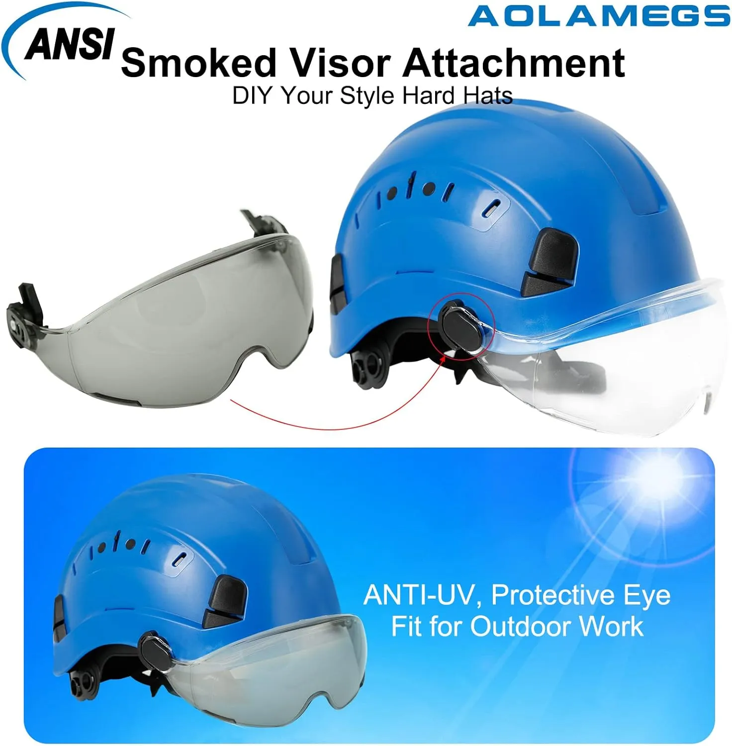 AOLAMEGS Construction Blue Hard Hats - Adjustable Vented Hard Hat with Visor for Men Women ABS Safety Helmet 6-Point Suspension Work Safety Helmet for Outdoor Height Industrial (with Clear Visor)