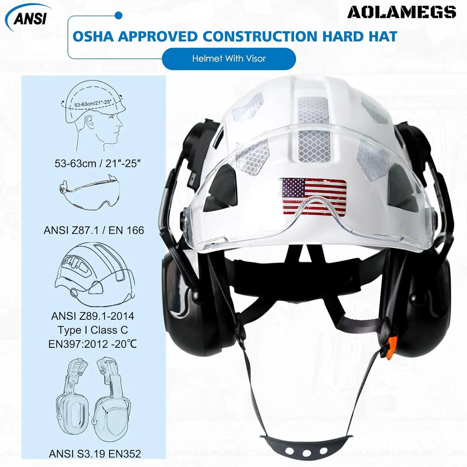 AOLAMEGS Construction Hard Hat with Visor - White Vented Hard Hats Construction OSHA Approved, ANSI Z89.1 ABS Safety Helmet,Adult Hardhats for Men Women,6 Point Suspension Hard Hat with Chin Strap