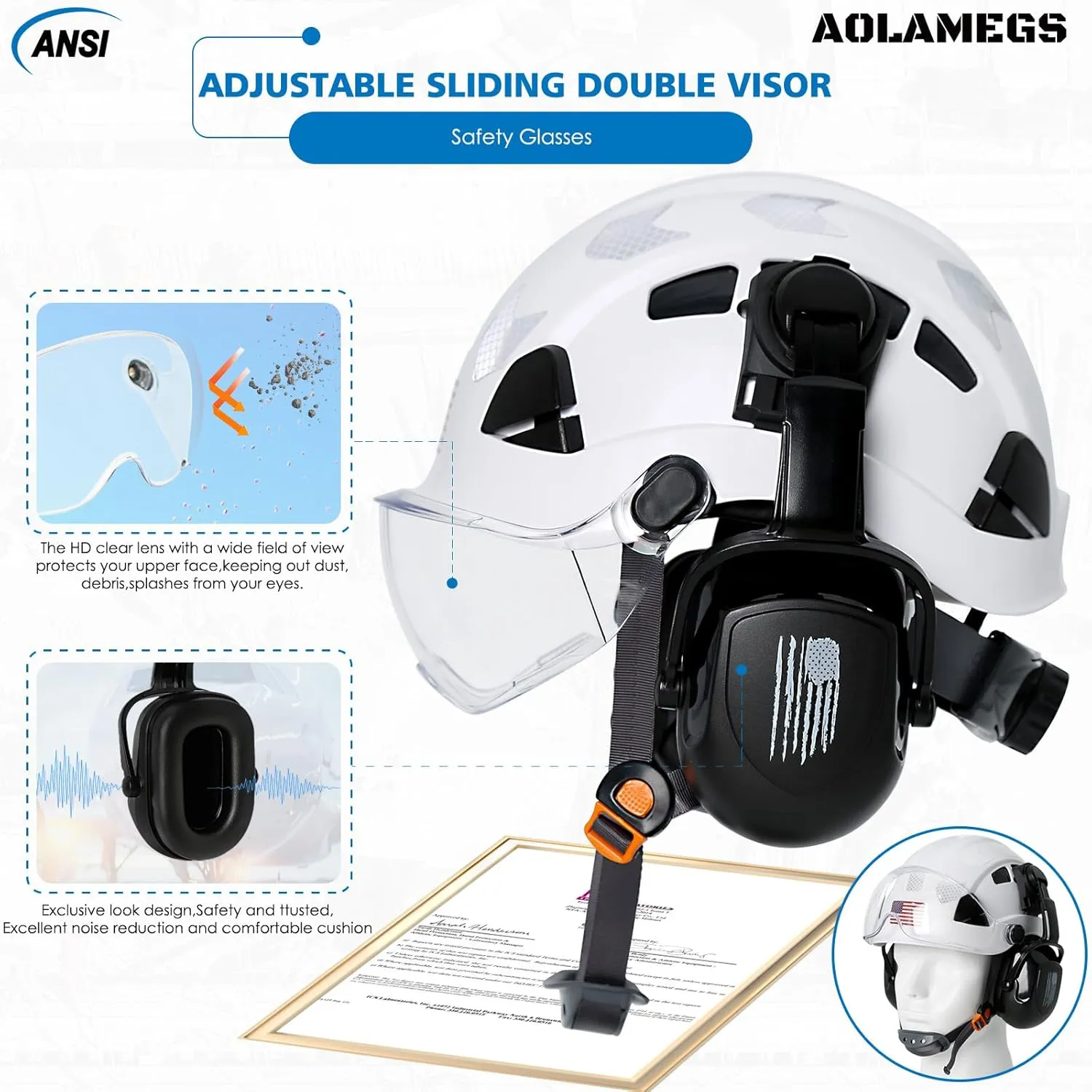 AOLAMEGS Construction Hard Hat with Visor - White Vented Hard Hats Construction OSHA Approved, ANSI Z89.1 ABS Safety Helmet,Adult Hardhats for Men Women,6 Point Suspension Hard Hat with Chin Strap