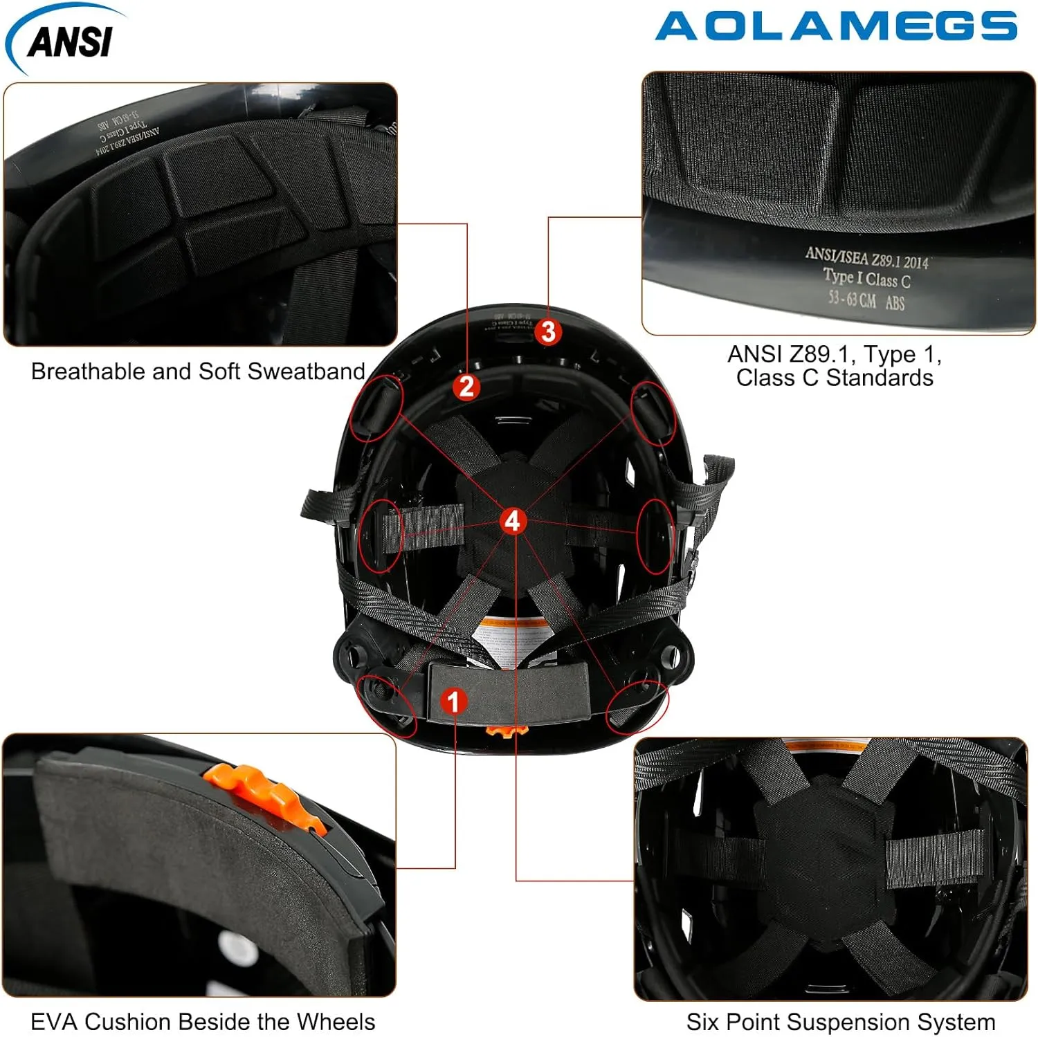 AOLAMEGS Construction Safety Hard Hat - ANSI Z89.1 Type Ι OSHA Approved Safety Helmets with Chin Straps Lightweight Reflective Vented ABS Hard Hats For Men Women Industrial Workwear 6-point Suspension