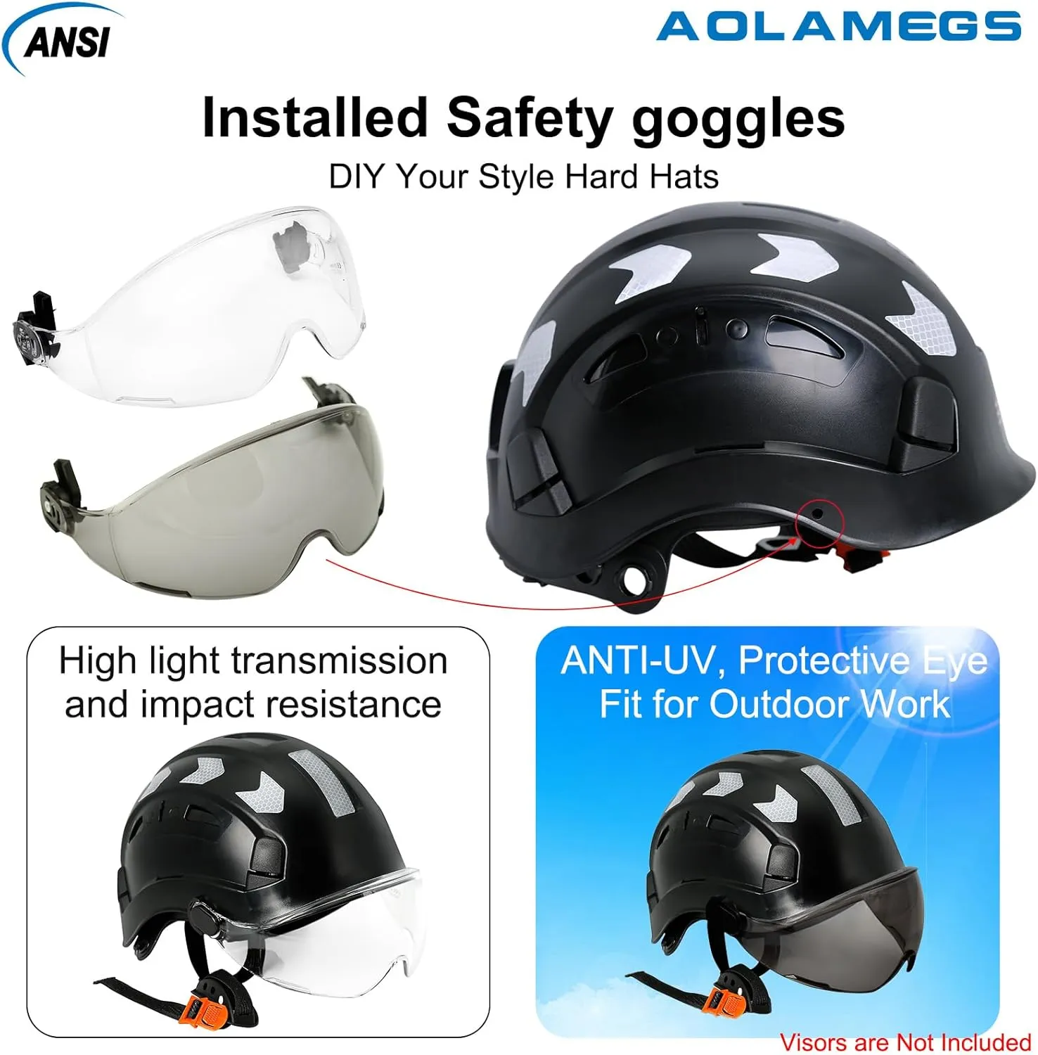 AOLAMEGS Construction Safety Hard Hat - ANSI Z89.1 Type Ι OSHA Approved Safety Helmets with Chin Straps Lightweight Reflective Vented ABS Hard Hats For Men Women Industrial Workwear 6-point Suspension